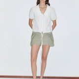 Deiji Studios Micro Pocket Short in Stone Green – front view, drawstring waist detail | Peggy Concept Store