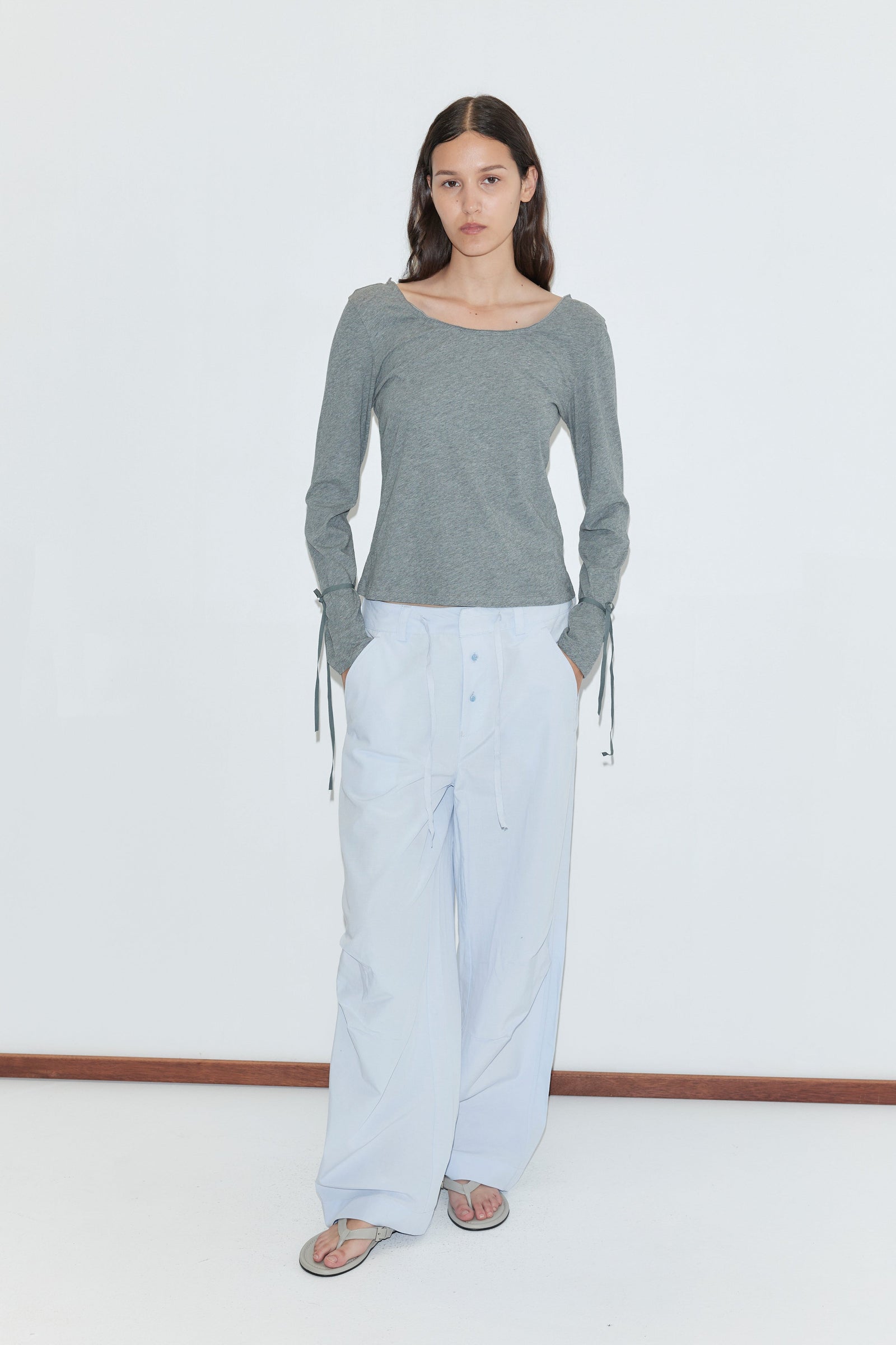 Deiji Studios Panel Leg Pant in Powder Blue – side view showing panel seaming | Peggy Concept Store