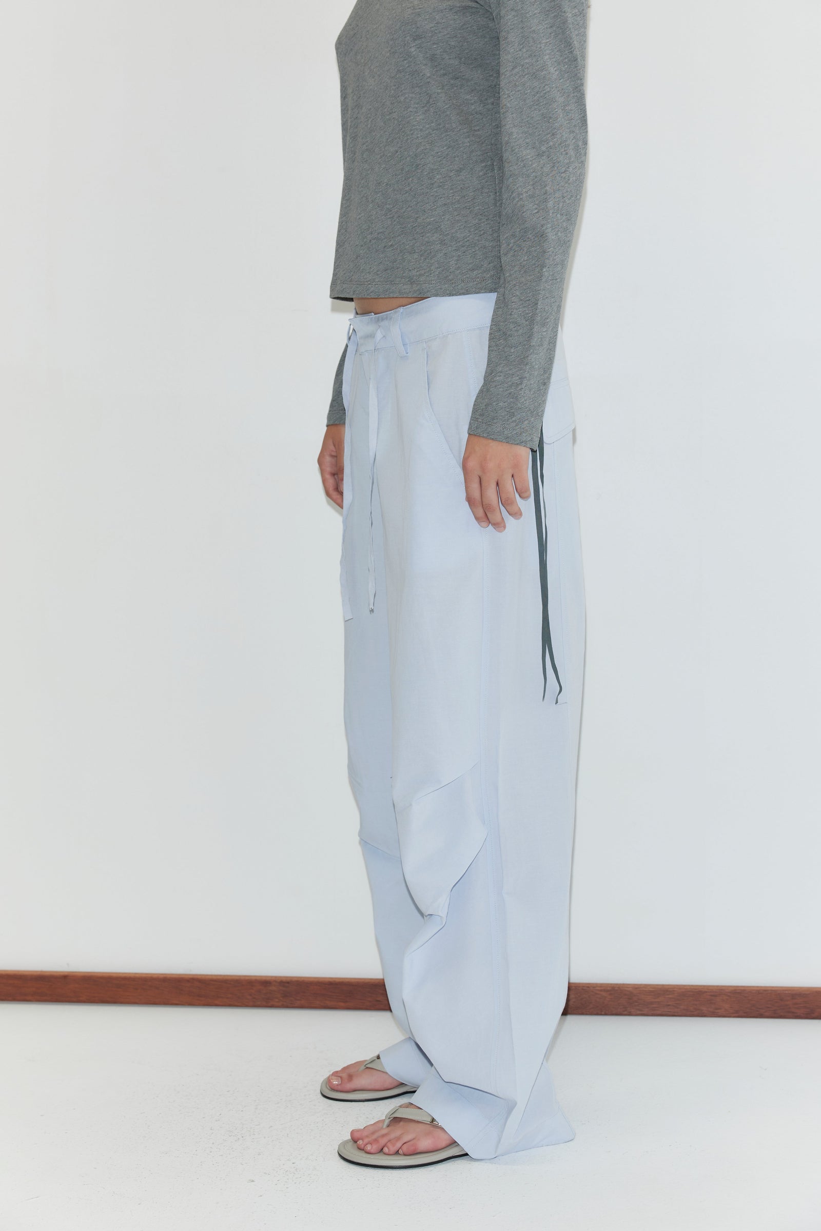 Deiji Studios Panel Leg Pant in Powder Blue – styled with waist tie detail | Peggy Concept Store