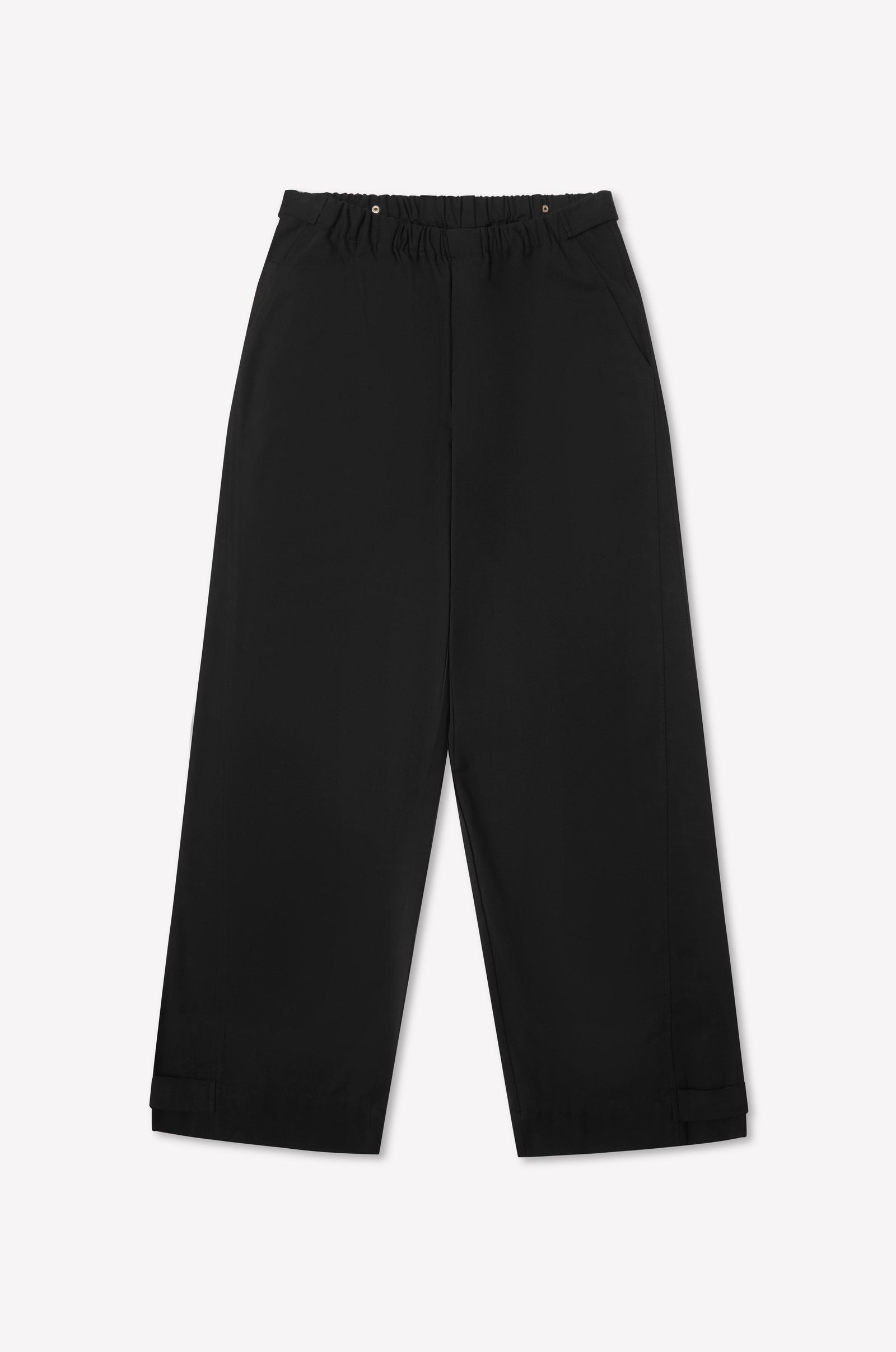 Deiji Studios Snap Tab Pant in Black – flat lay product shot | Peggy Concept Store