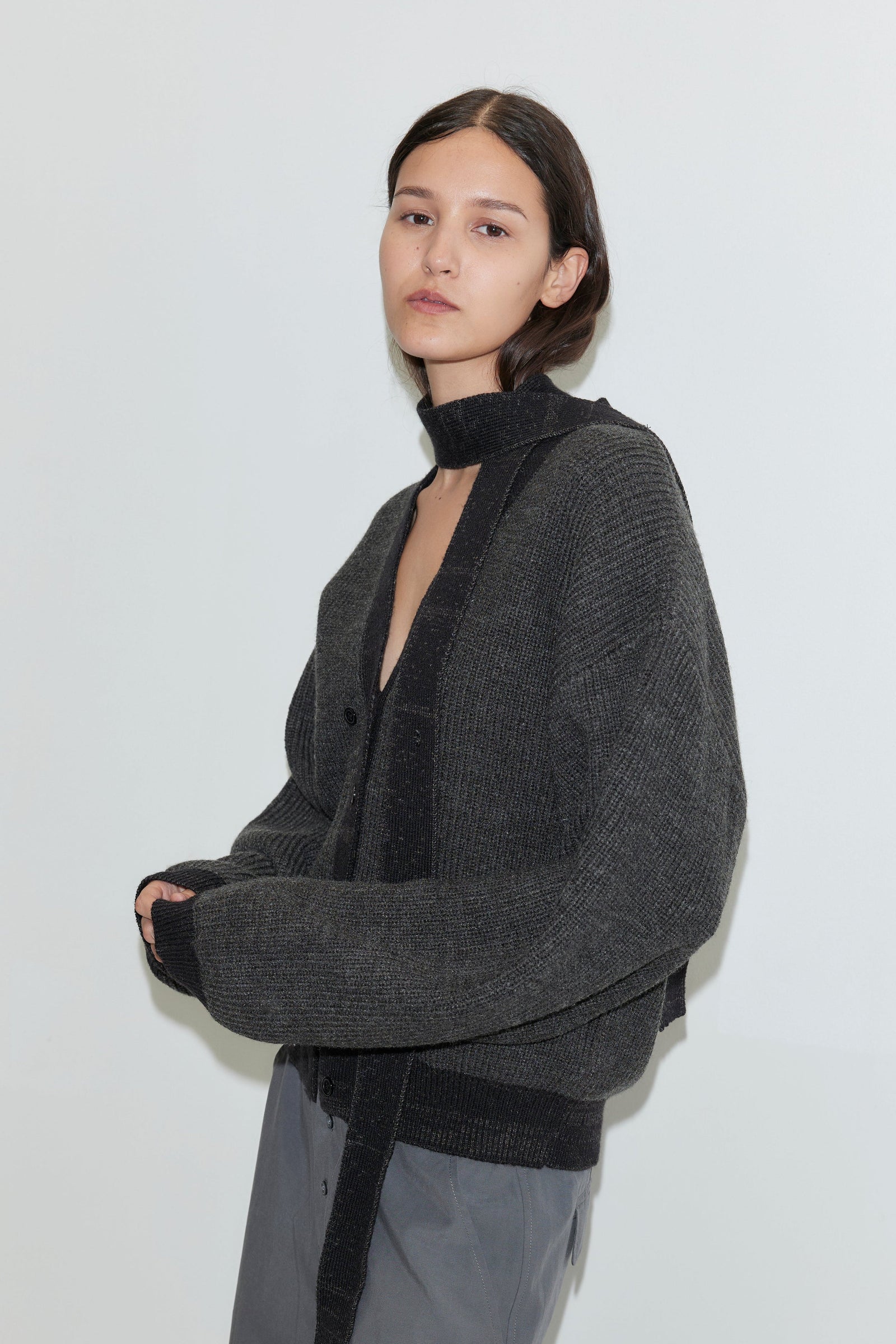 Deiji Studios Split Cardigan in Black Contrast – front view, oversized fit | Peggy Concept Store