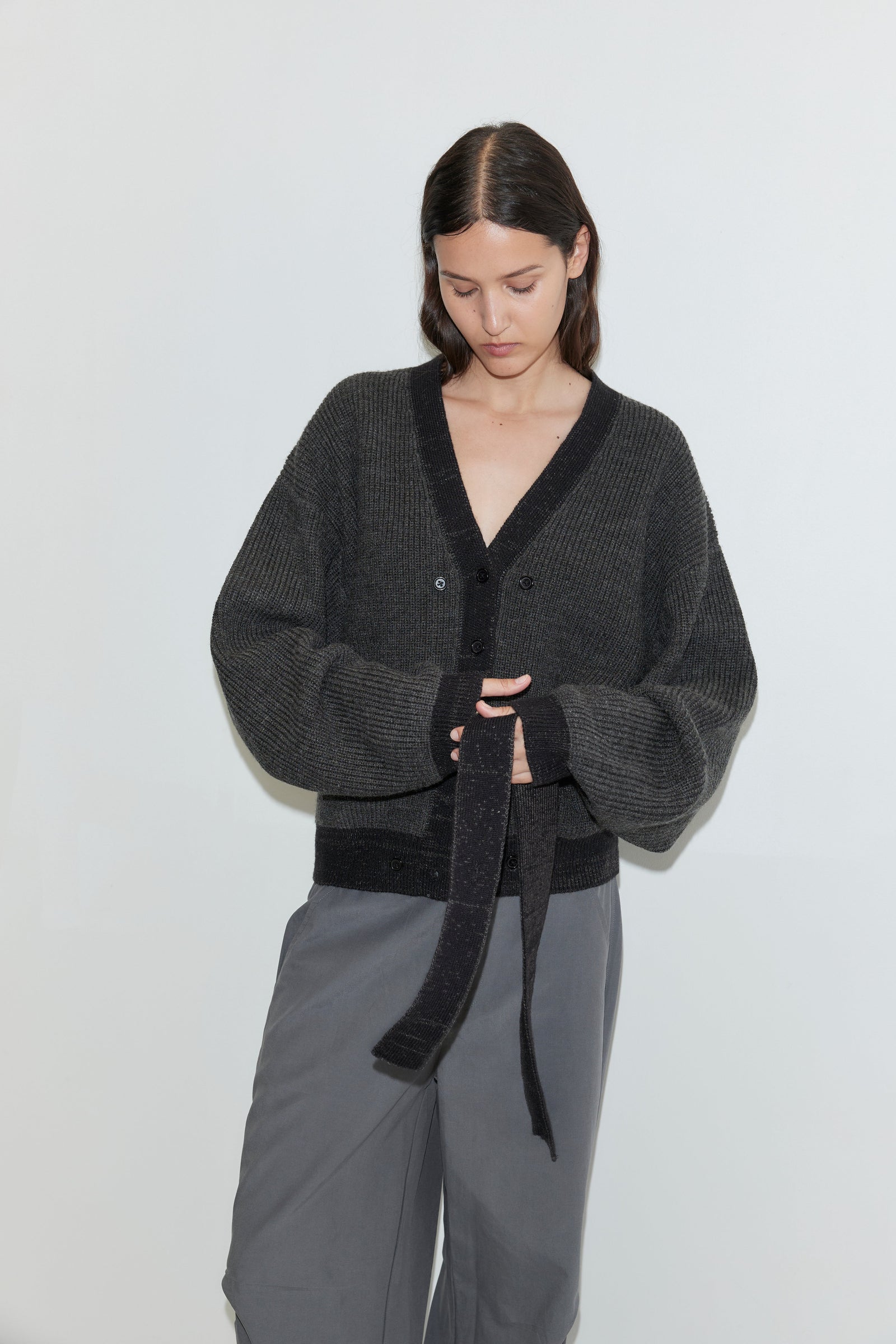 Deiji Studios Split Cardigan in Black Contrast – styled with waist tie | Peggy Concept Store