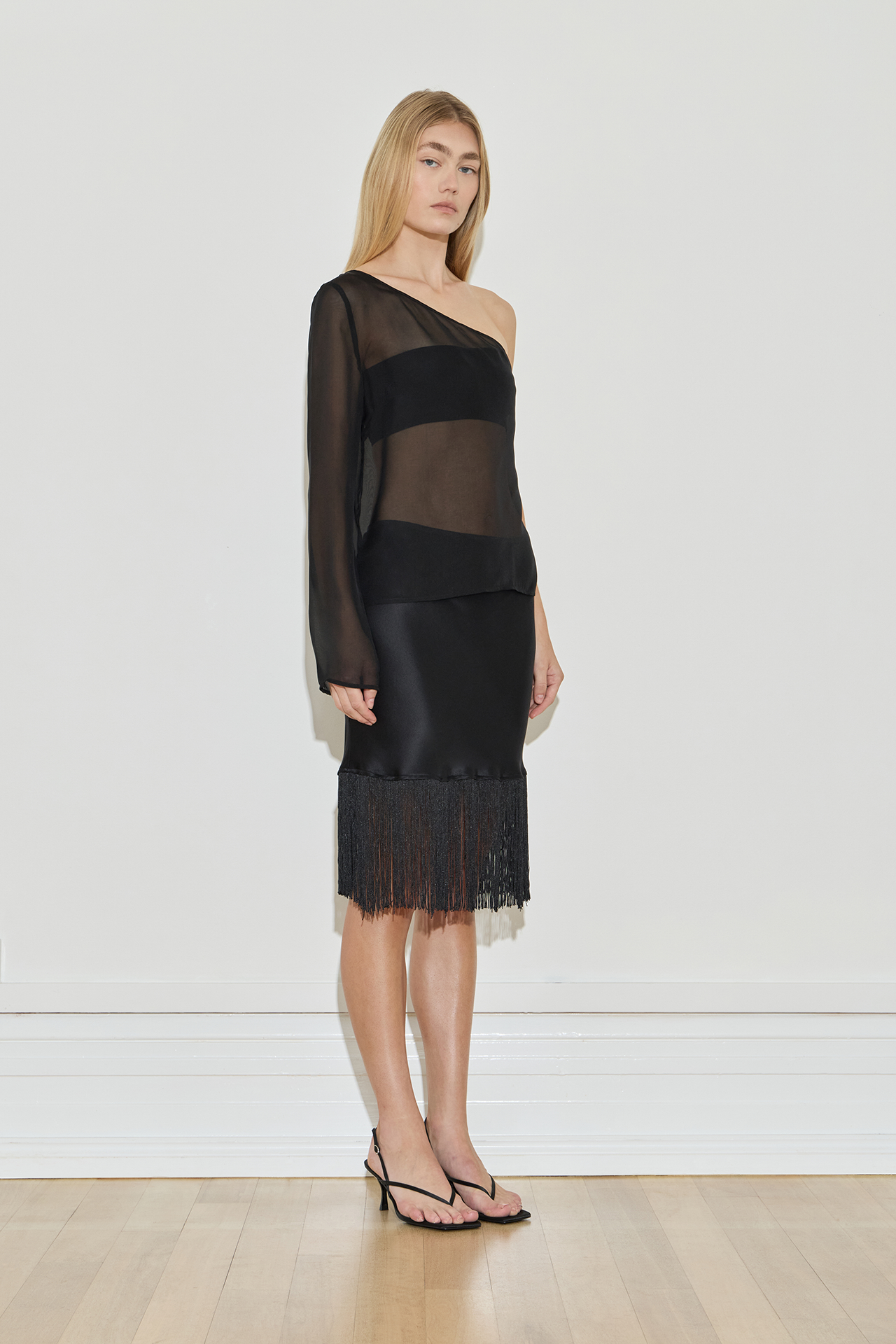 Maison Essentiele Silk Fringe Midi Skirt Black