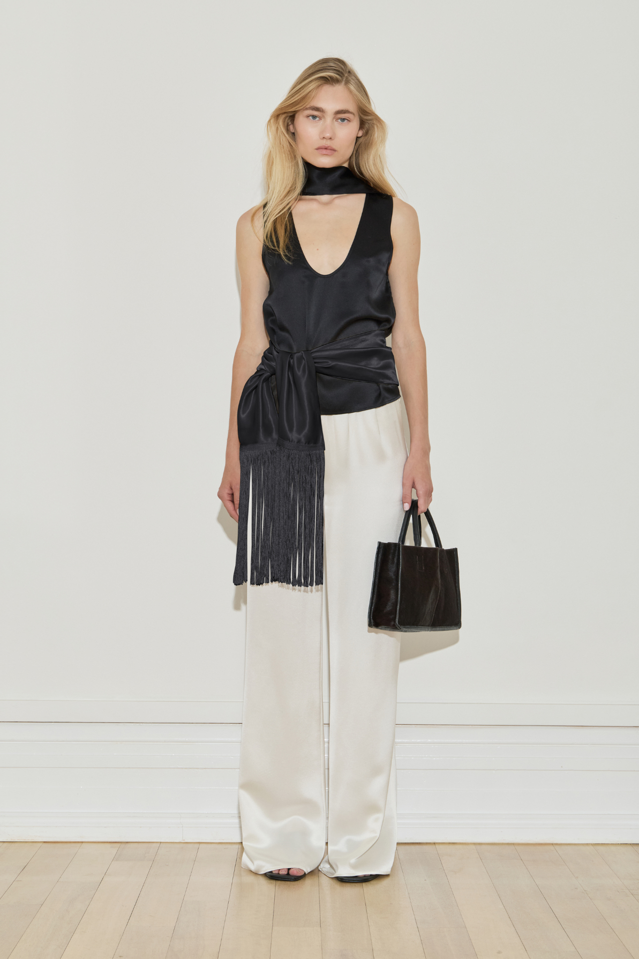 Maison Essentiele Silk Fringe Scarf Black