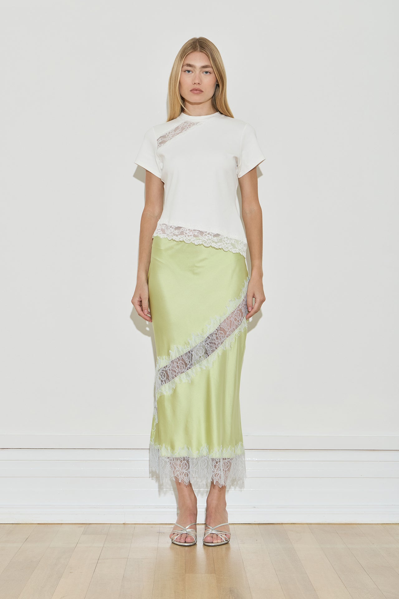 Maison Essentiele Silk Lace Midi Skirt Chartreuse Sea Moss