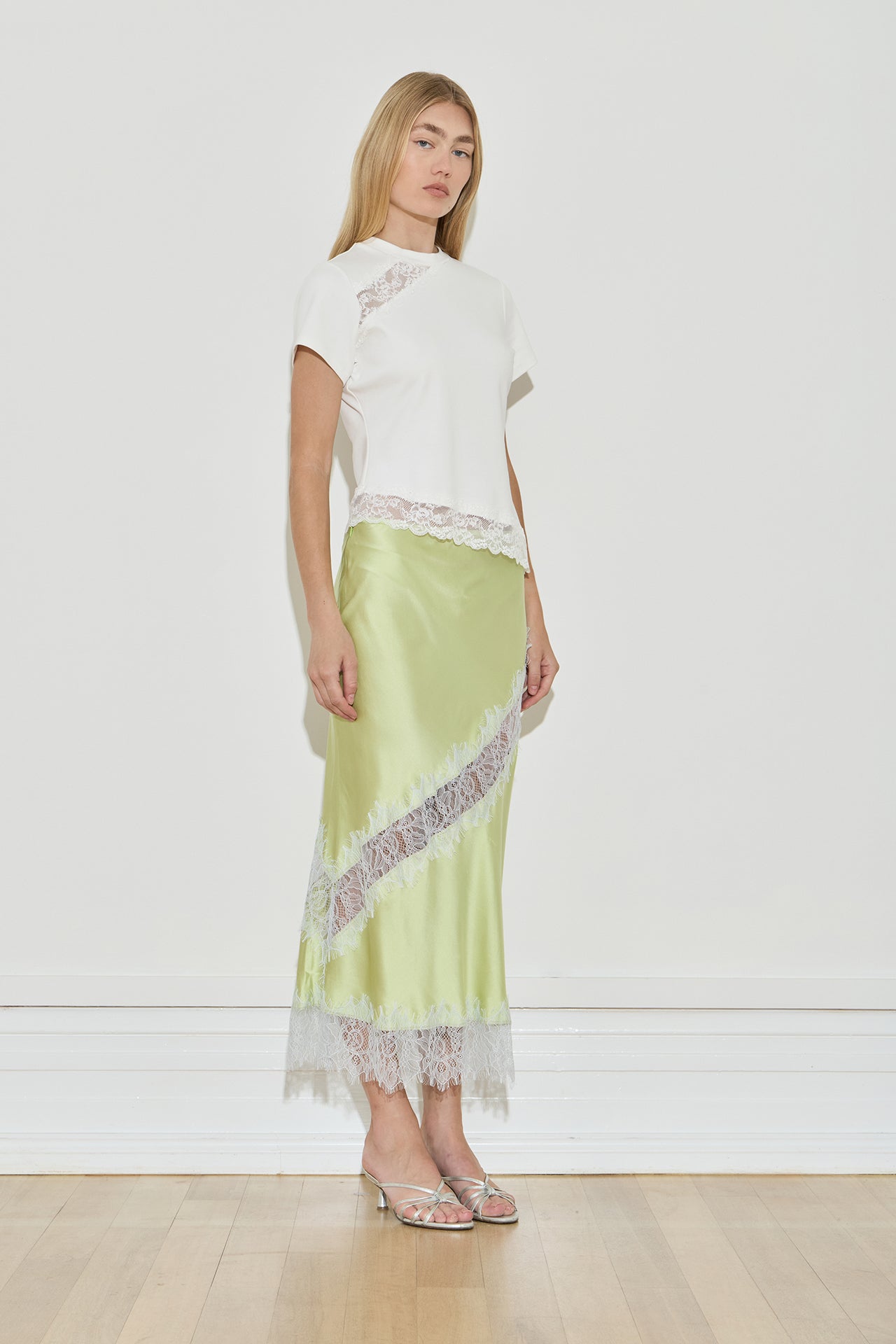 Maison Essentiele Silk Lace Midi Skirt Chartreuse Sea Moss