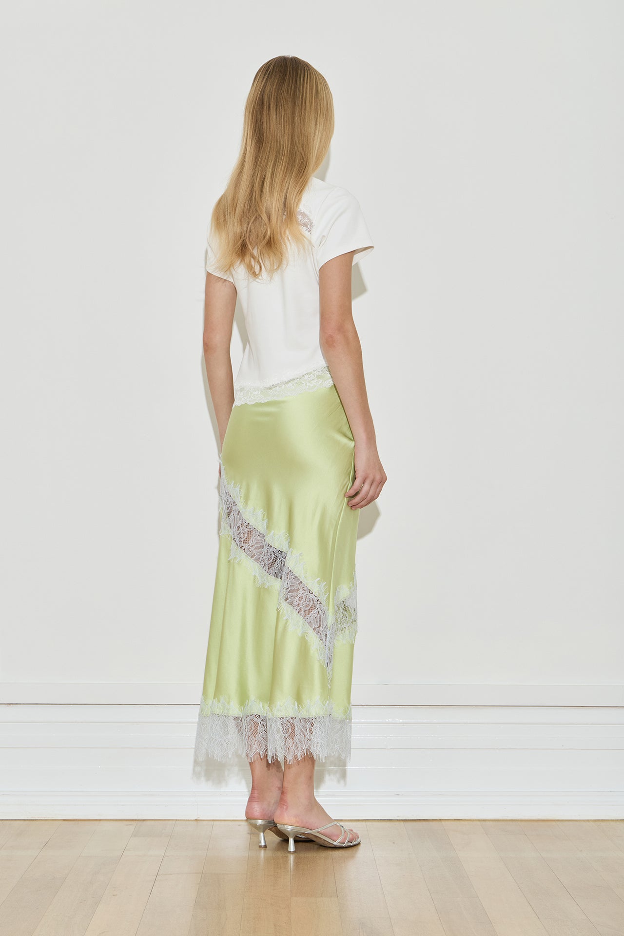Maison Essentiele Silk Lace Midi Skirt Chartreuse Sea Moss