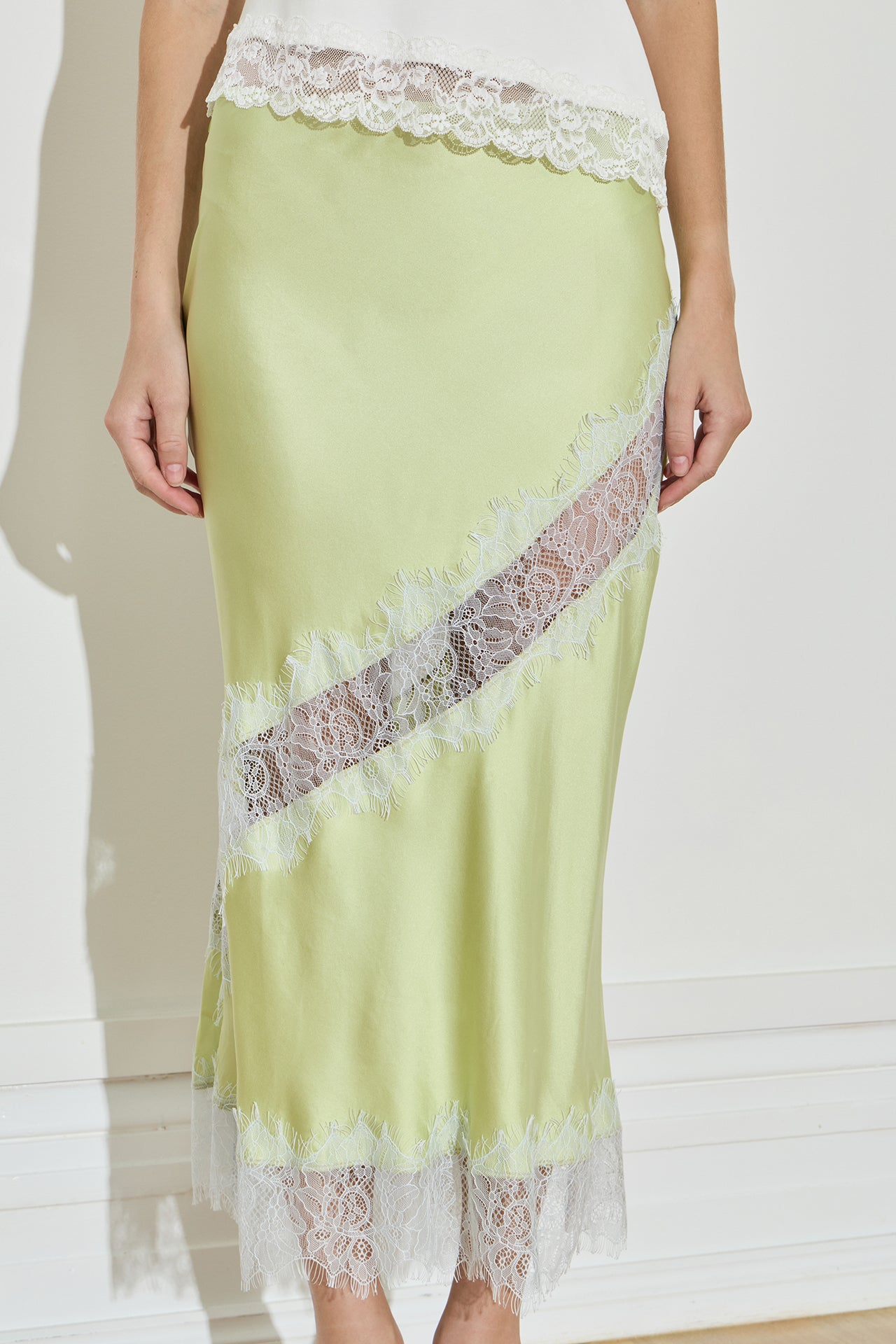 Maison Essentiele Silk Lace Midi Skirt Chartreuse Sea Moss