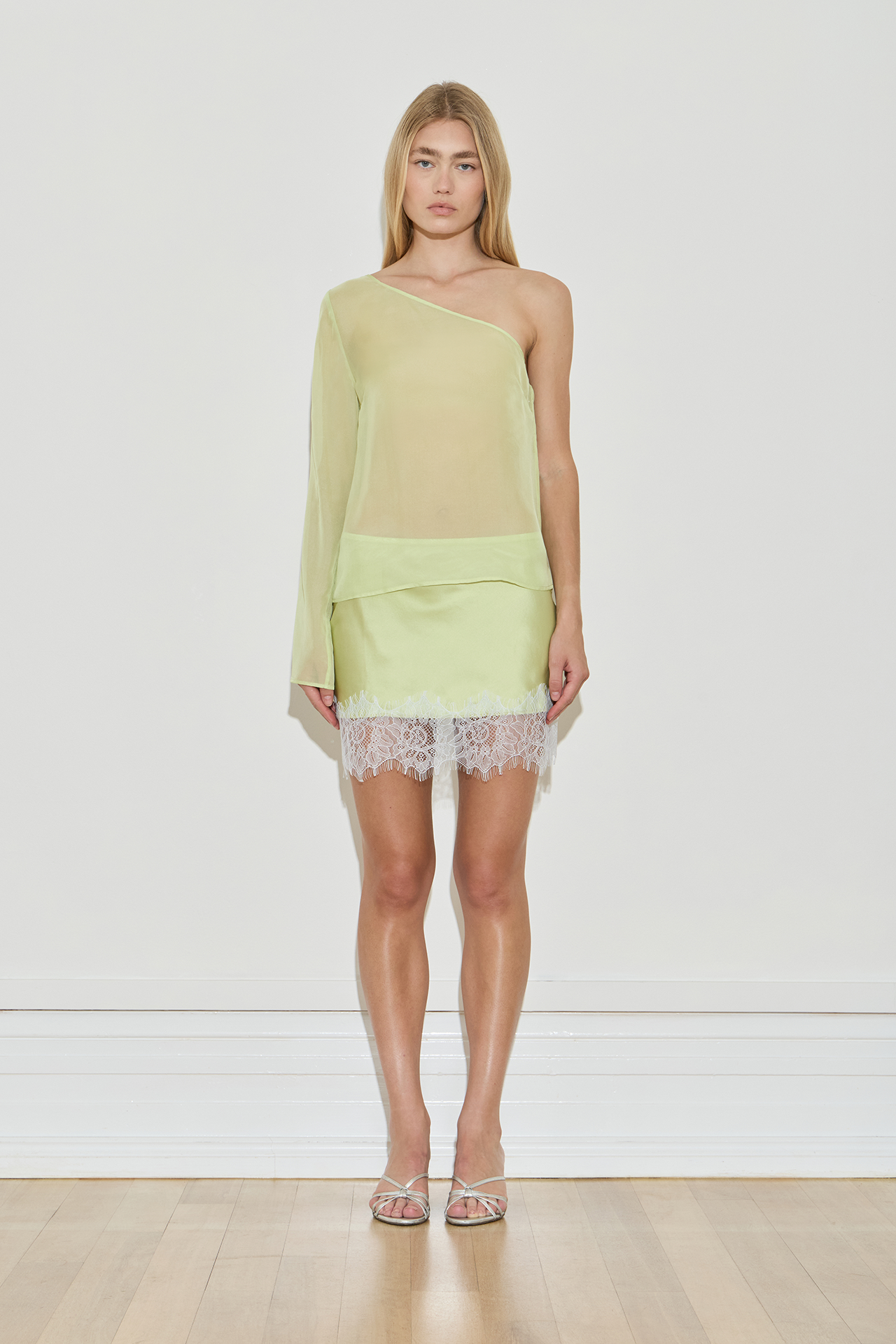 Maison Essentiele Silk Lace Mini Skirt Chartreuse Sea Moss