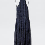 Rixo Abi Chiffon Midi Dress Mini Polka Dot Navy