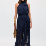 Rixo Abi Chiffon Midi Dress Mini Polka Dot Navy