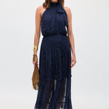 Rixo Abi Chiffon Midi Dress Mini Polka Dot Navy