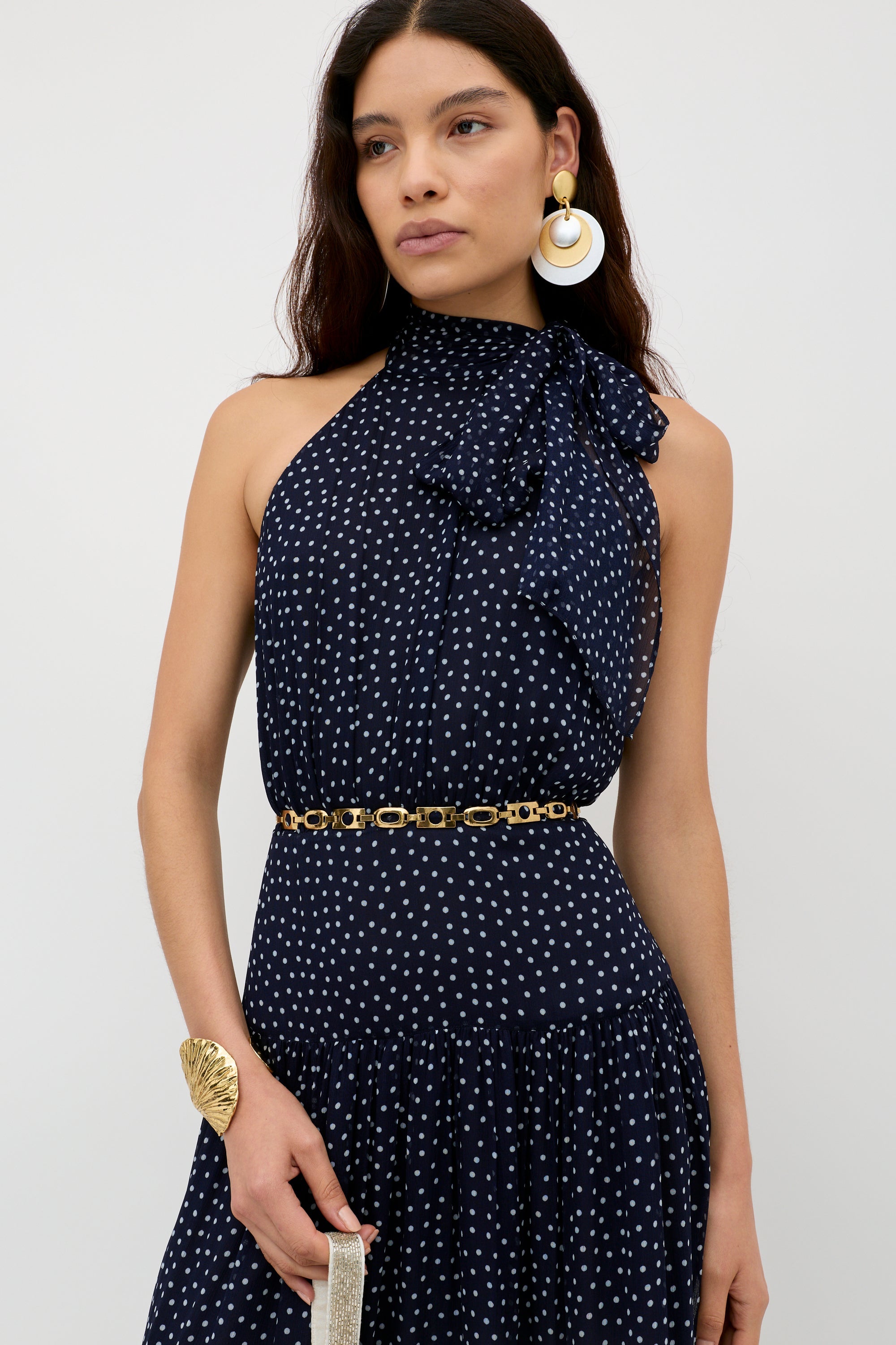 Rixo Abi Chiffon Midi Dress Mini Polka Dot Navy