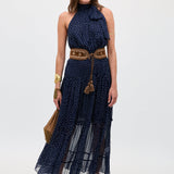 Rixo Abi Chiffon Midi Dress Mini Polka Dot Navy