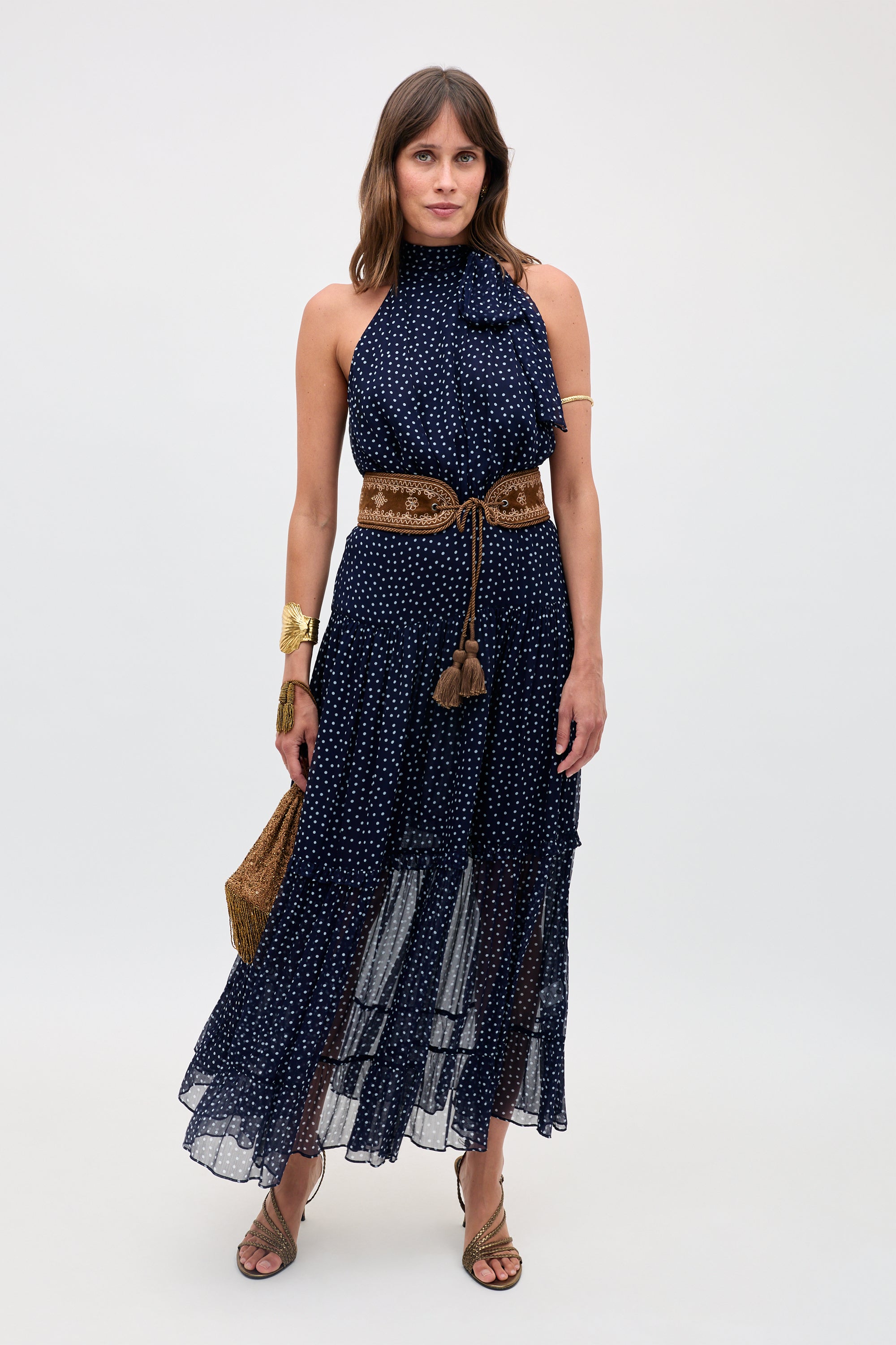 Rixo Abi Chiffon Midi Dress Mini Polka Dot Navy