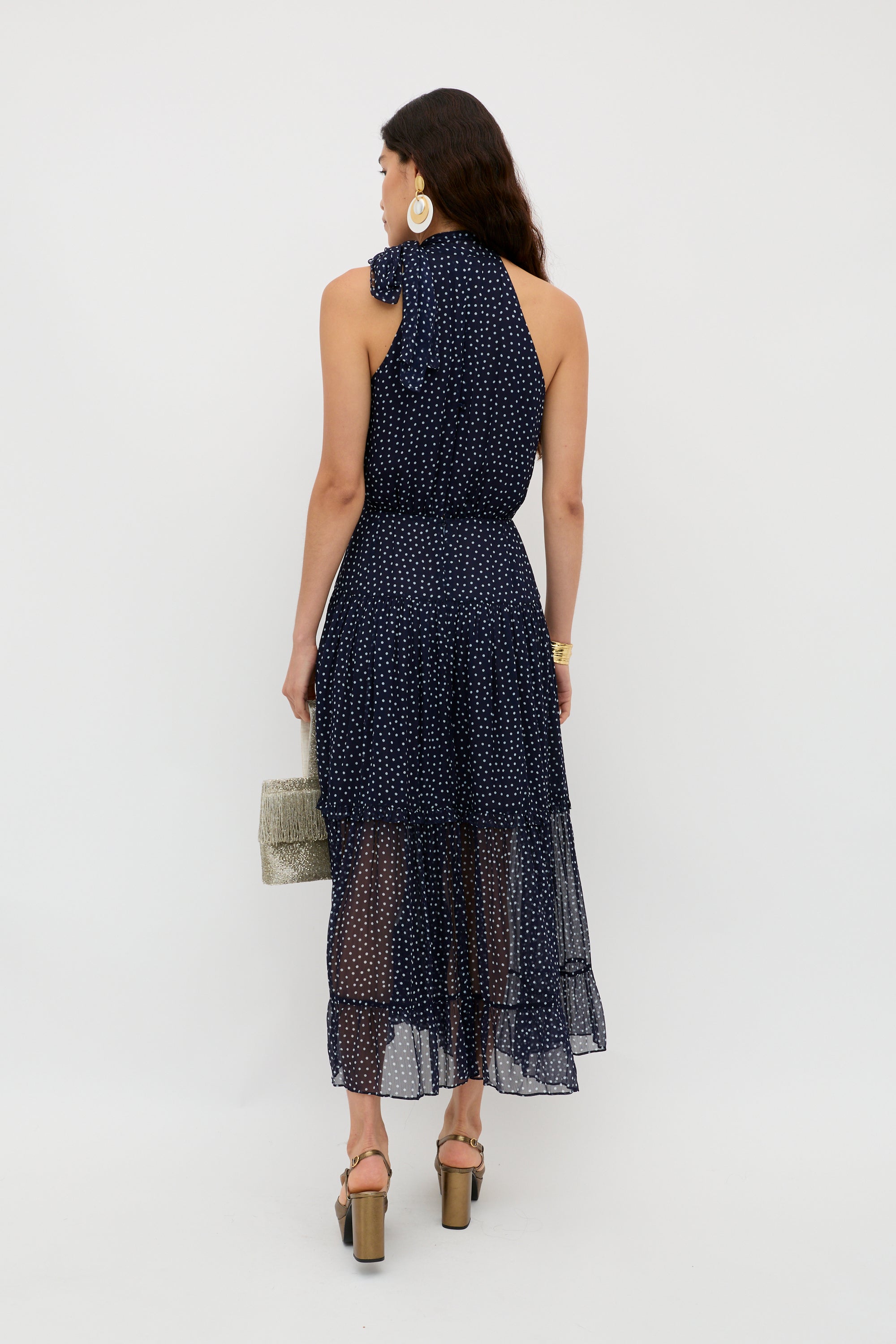 Rixo Abi Chiffon Midi Dress Mini Polka Dot Navy