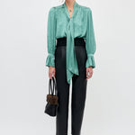 Rixo Evanora Top Floral Trail Jacquard Sage Green on model