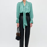 Rixo Evanora Top Floral Trail Jacquard Sage Green on model