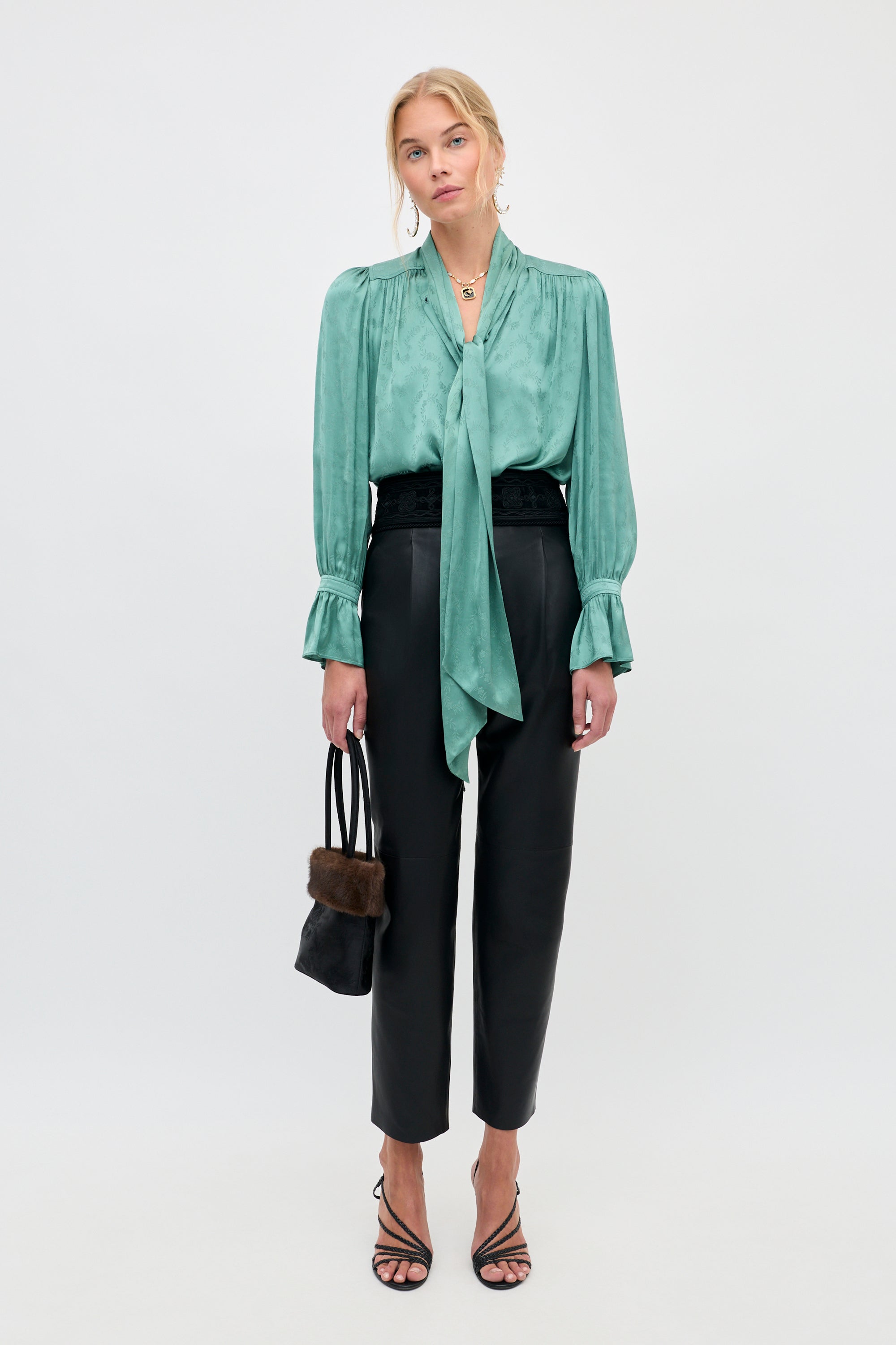 Rixo Evanora Top Floral Trail Jacquard Sage Green on model