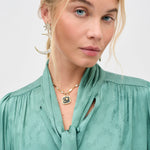 Rixo Evanora Top Floral Trail Jacquard Sage Green neck tie detail