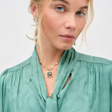Rixo Evanora Top Floral Trail Jacquard Sage Green neck tie detail
