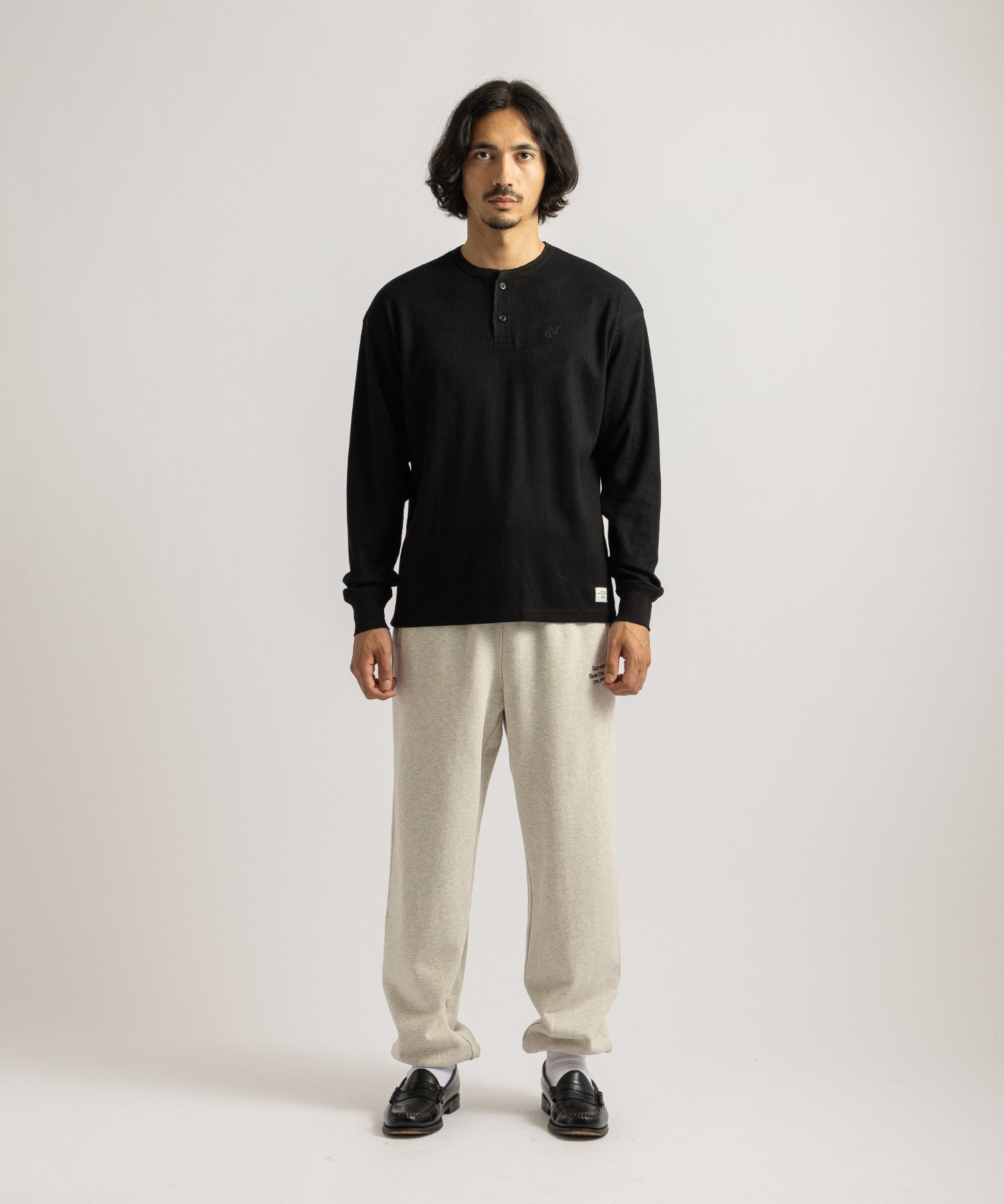 Saturdays NYC Alex Waffle Henley Neck Top Black