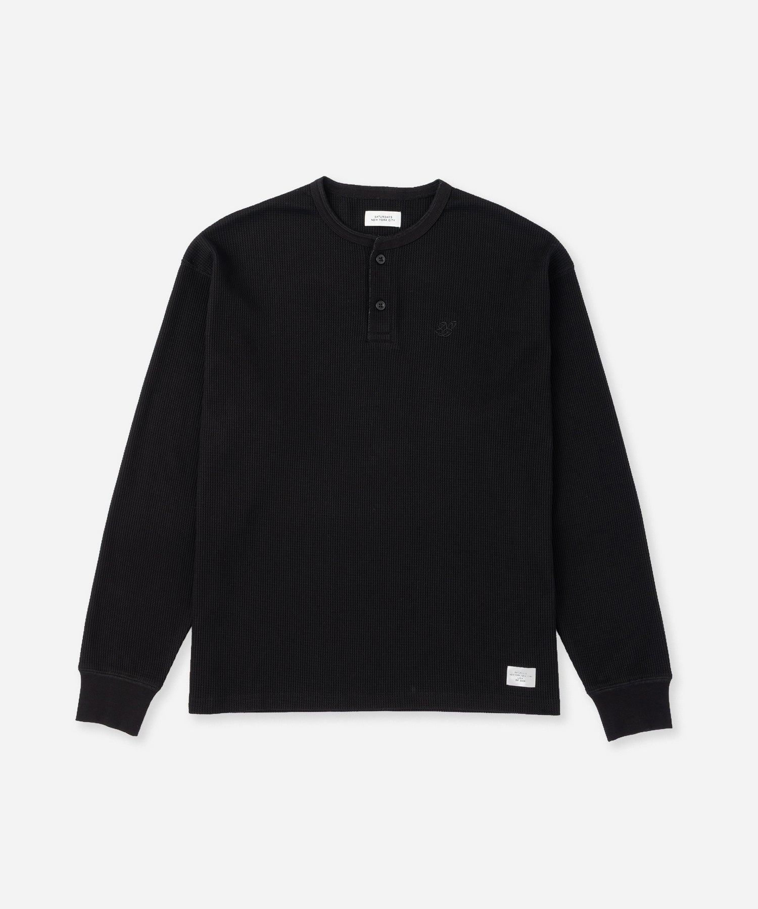Saturdays NYC Alex Waffle Henley Neck Top Black worn by model
