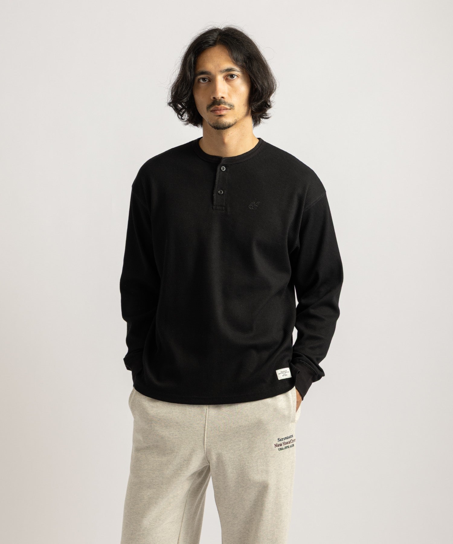 Saturdays NYC Alex Waffle Henley Neck Top Black detail
