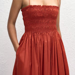 Tomato red midi dress with shirred bodice