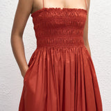 Tomato red midi dress with shirred bodice