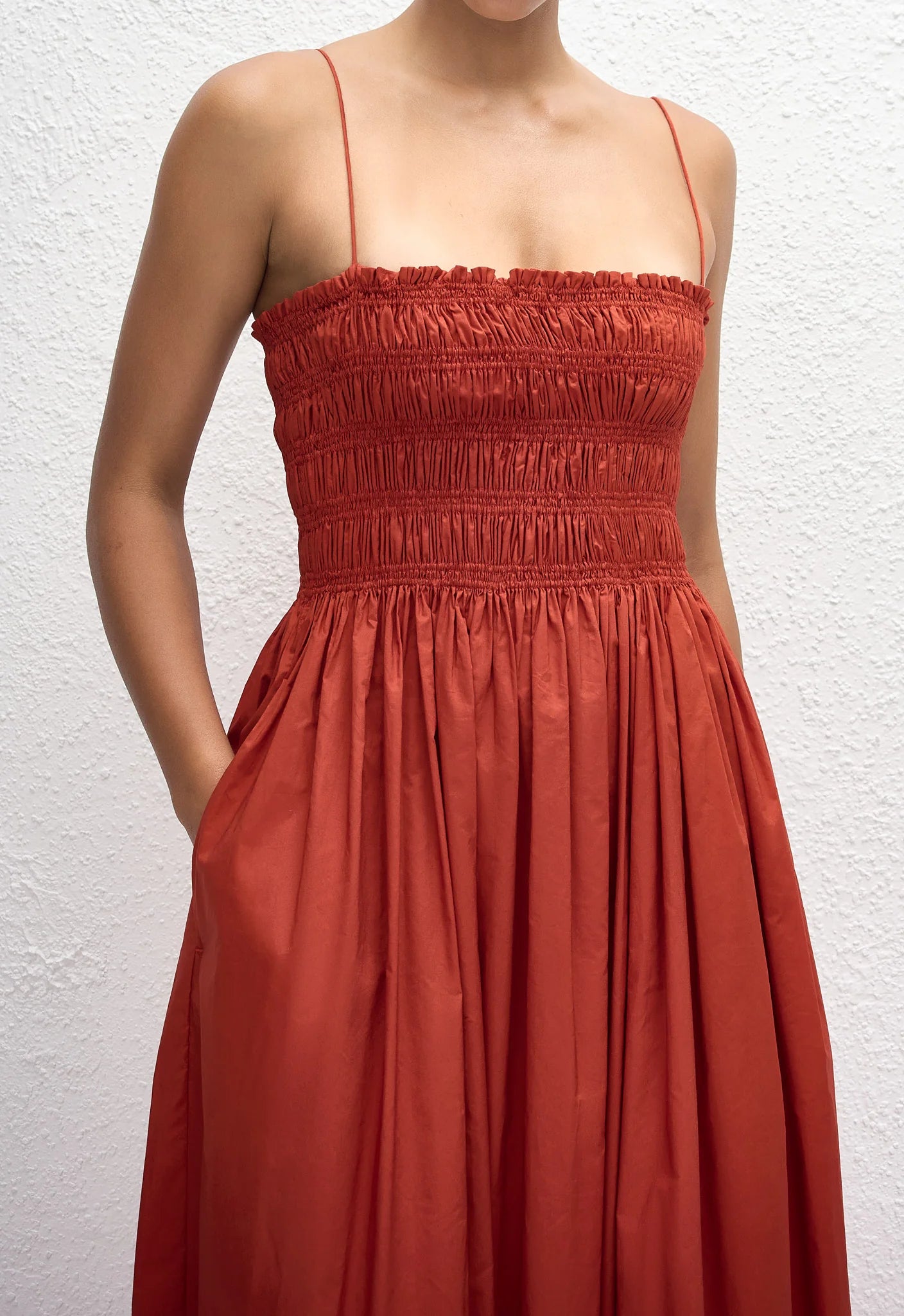 Tomato red midi dress with shirred bodice