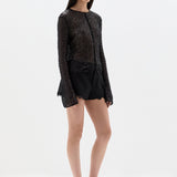 SIR. Cassia Sequin Button Down Top Black on model side