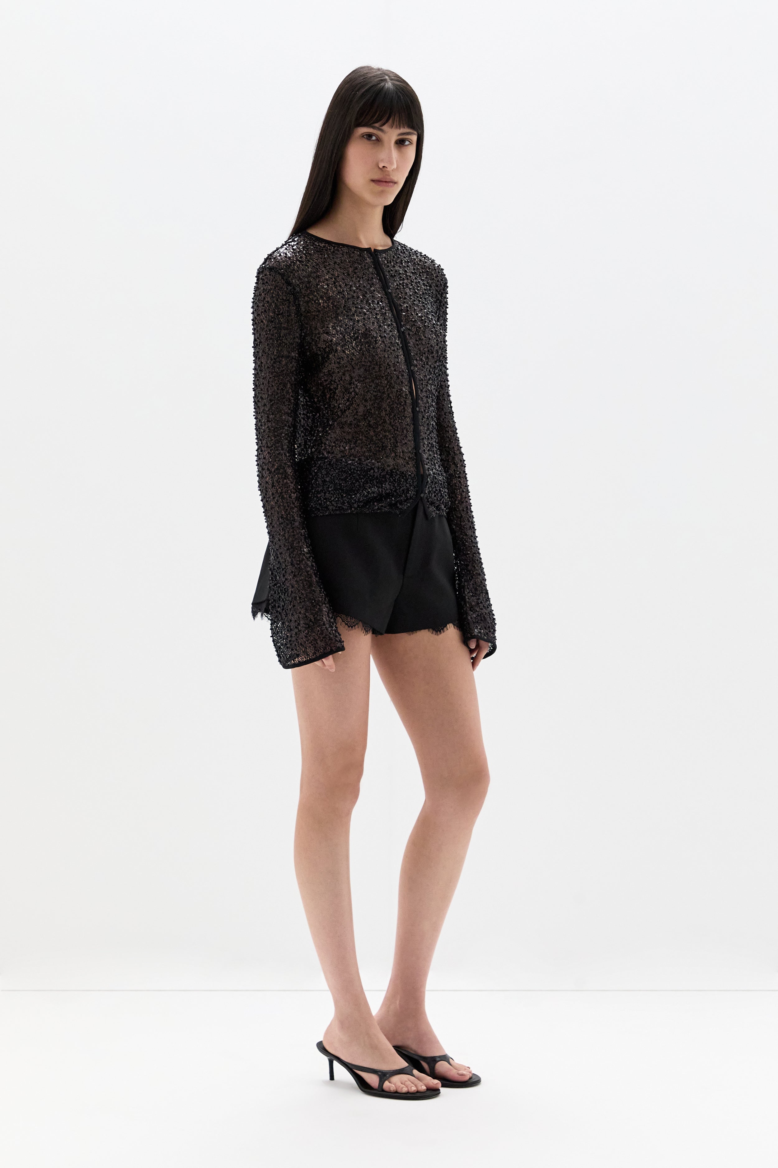 SIR. Cassia Sequin Button Down Top Black on model side