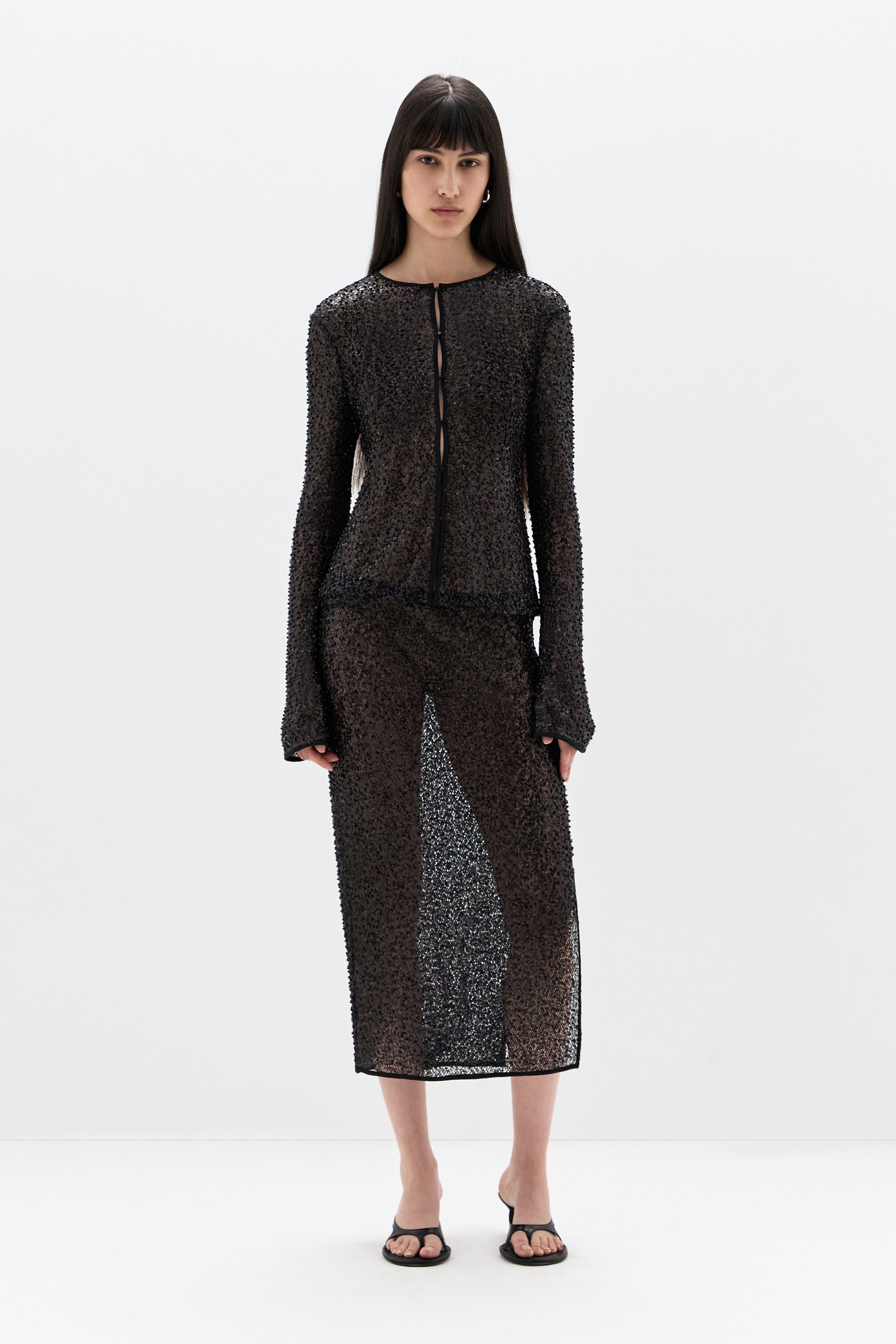 SIR. Cassia Sequin Button Down Top Black styled with matching skirt