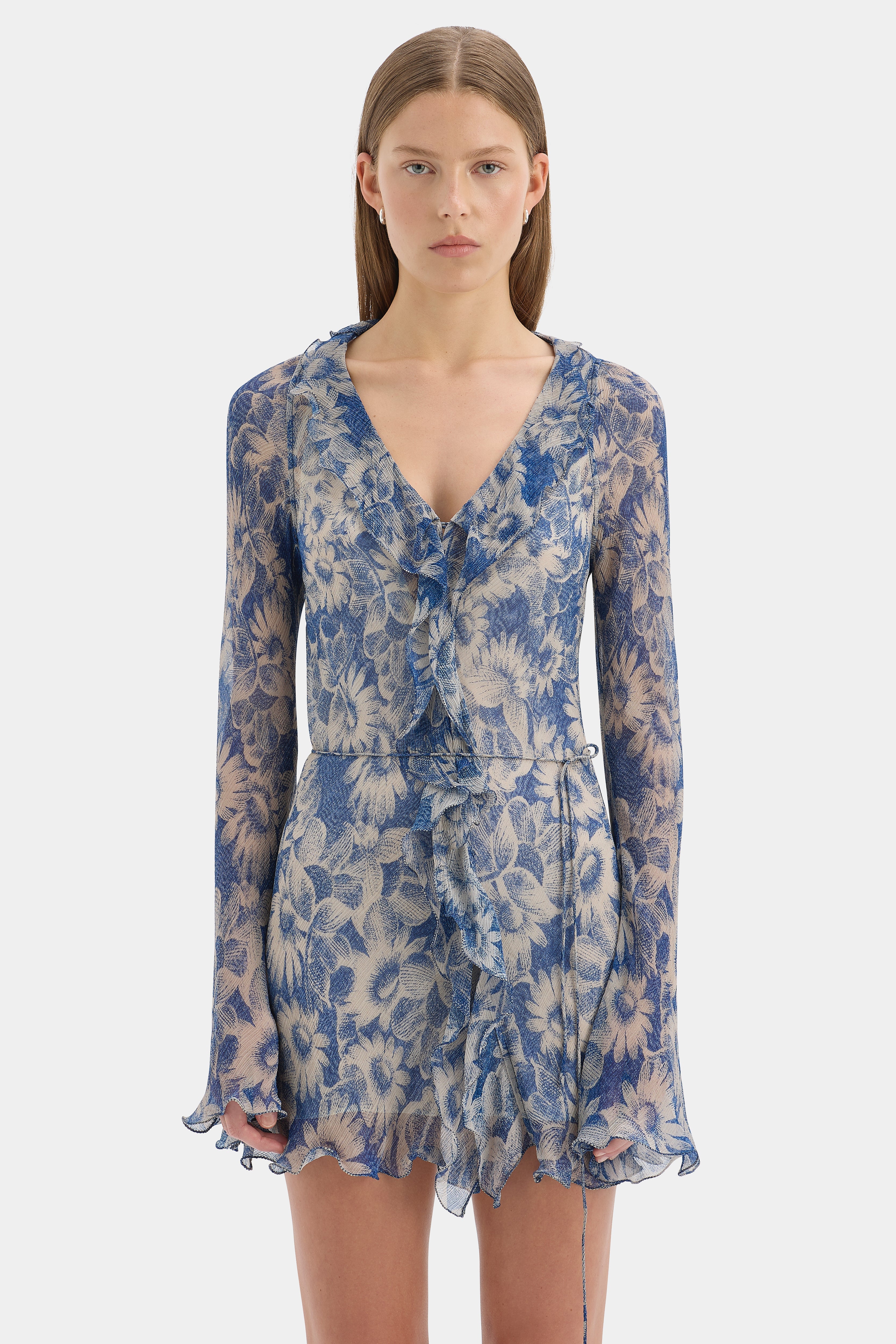 SIR. Lilia Ruffle Long Sleeve Mini Dress Daisy Meadow