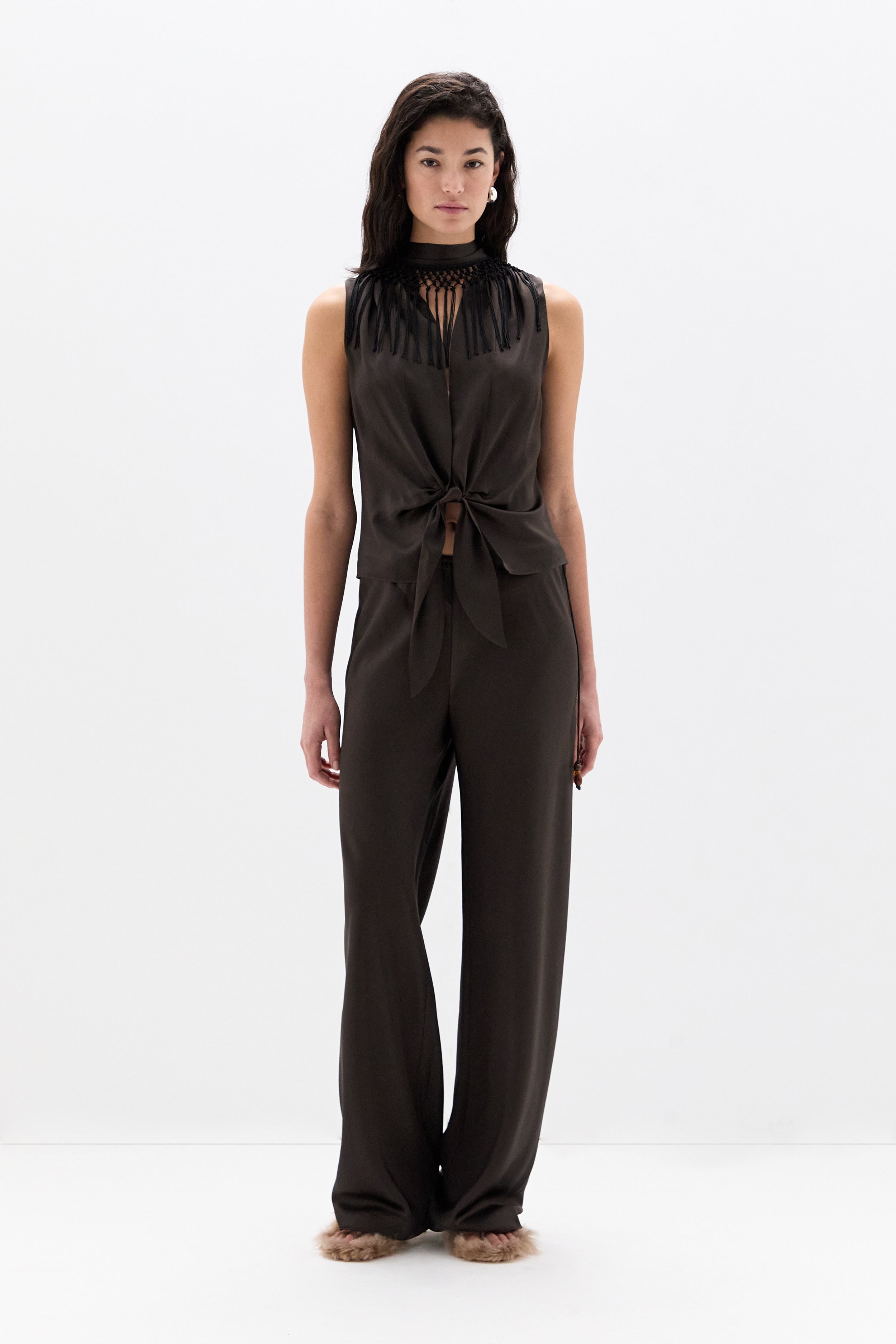 SIR. Lula Fringe Tie Top Bitter Chocolate on model front
