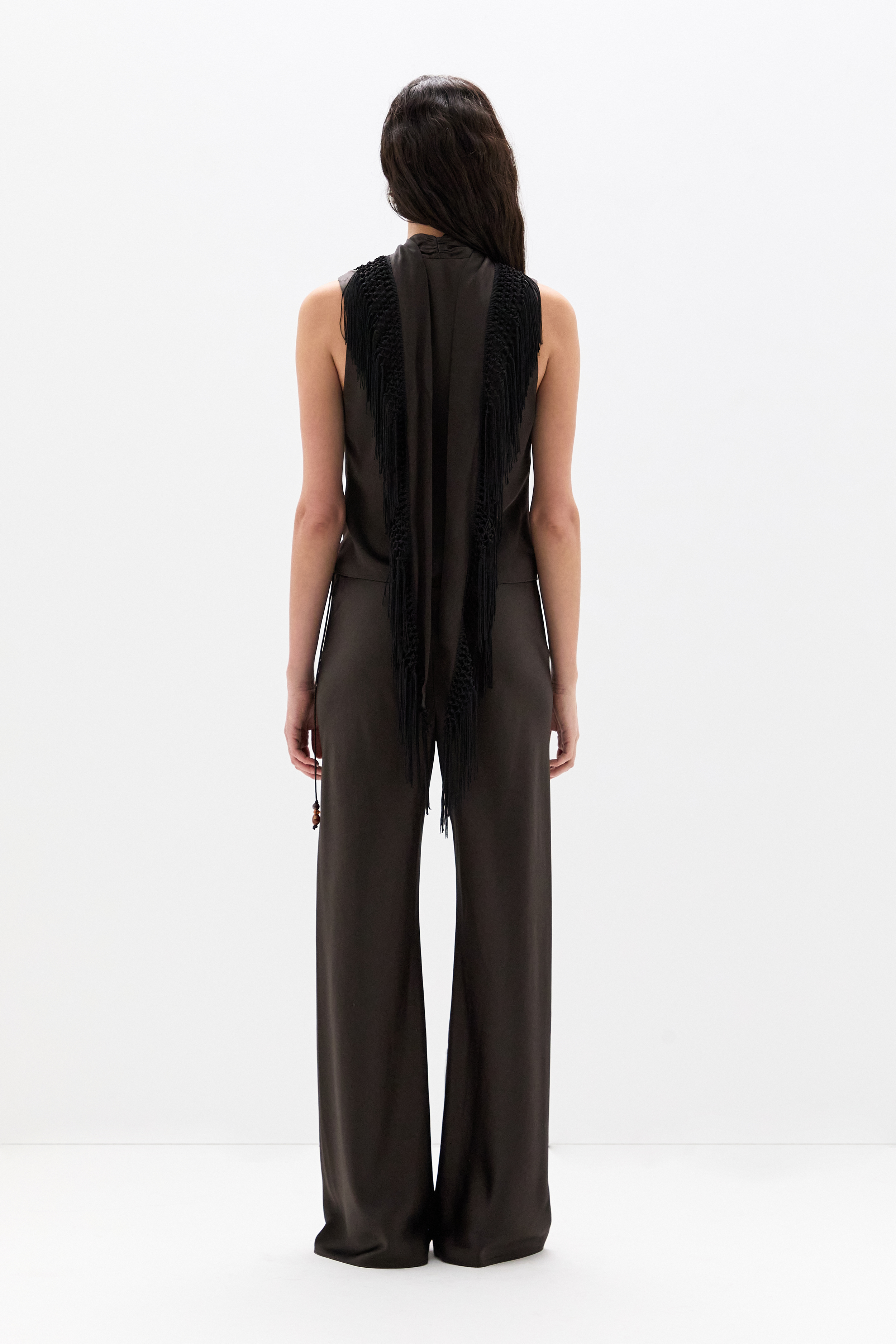 SIR. Lula Fringe Tie Top Bitter Chocolate on model back