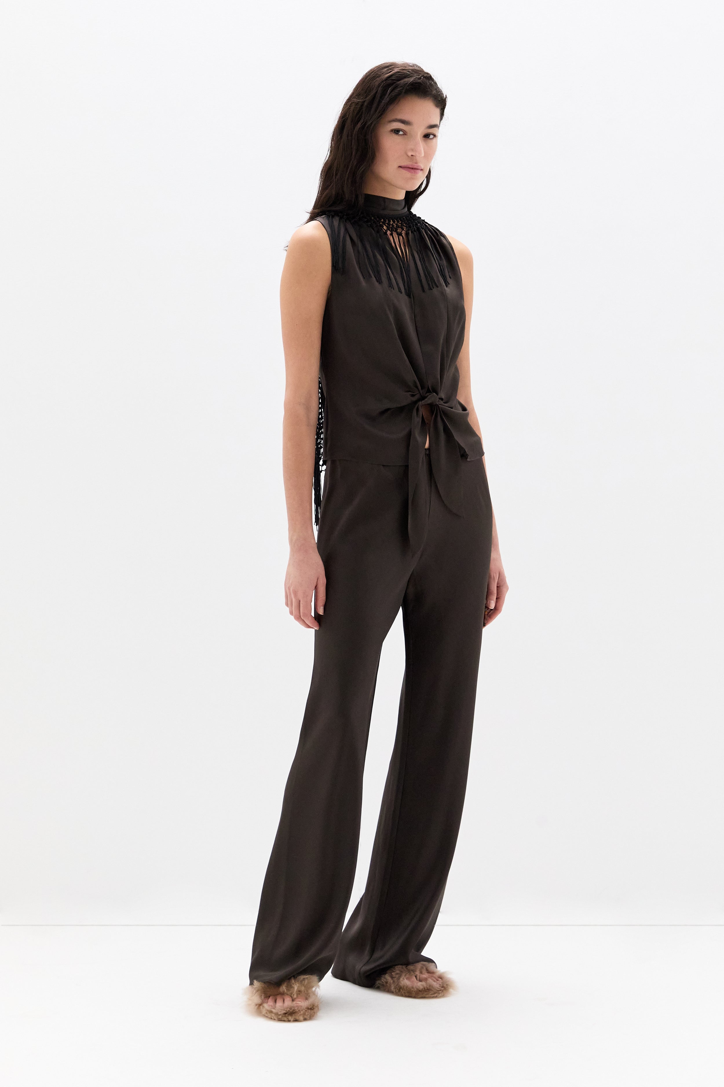 SIR. Lula Fringe Tie Top Bitter Chocolate on model side