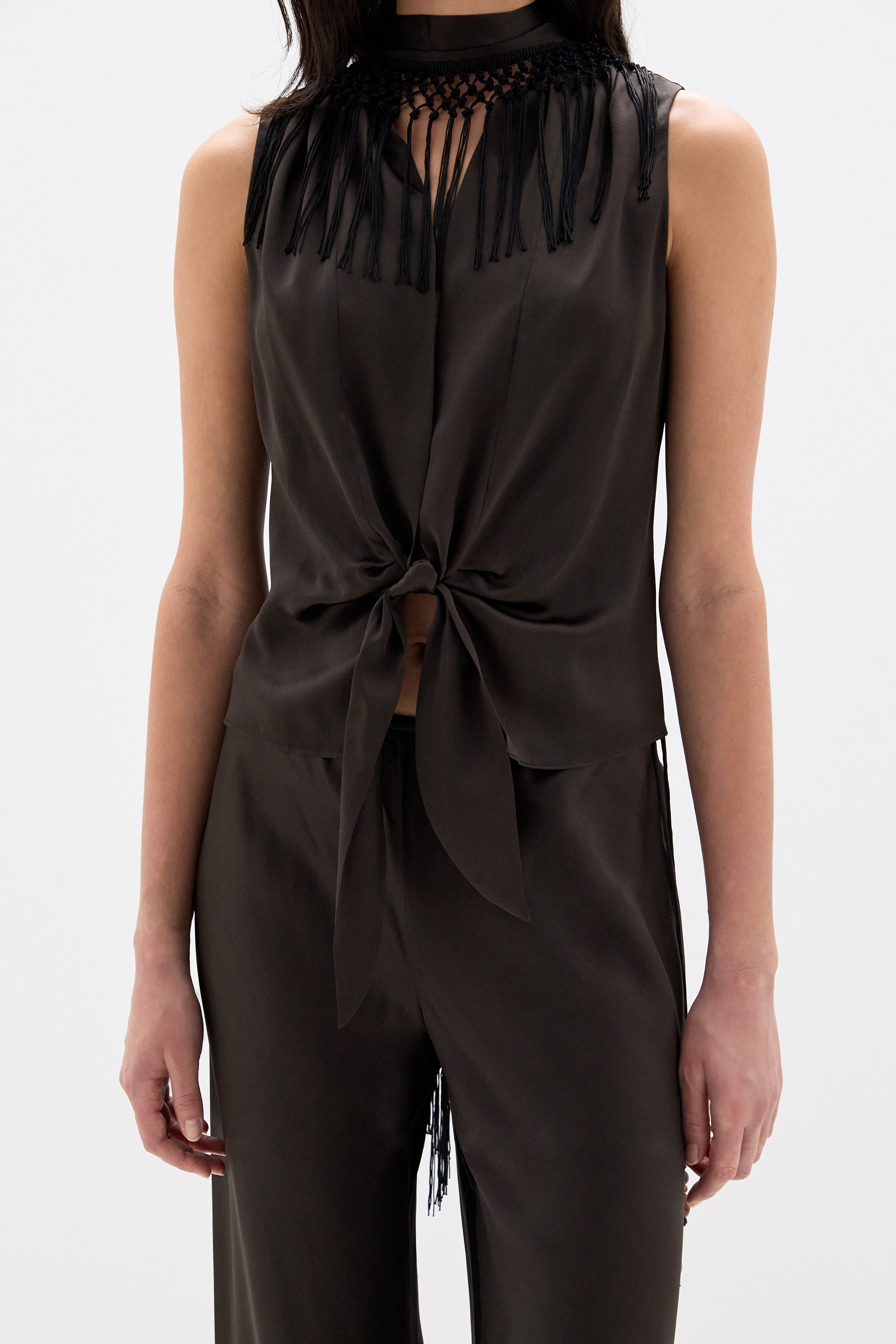 SIR. Lula Fringe Tie Top Bitter Chocolate fringe detail
