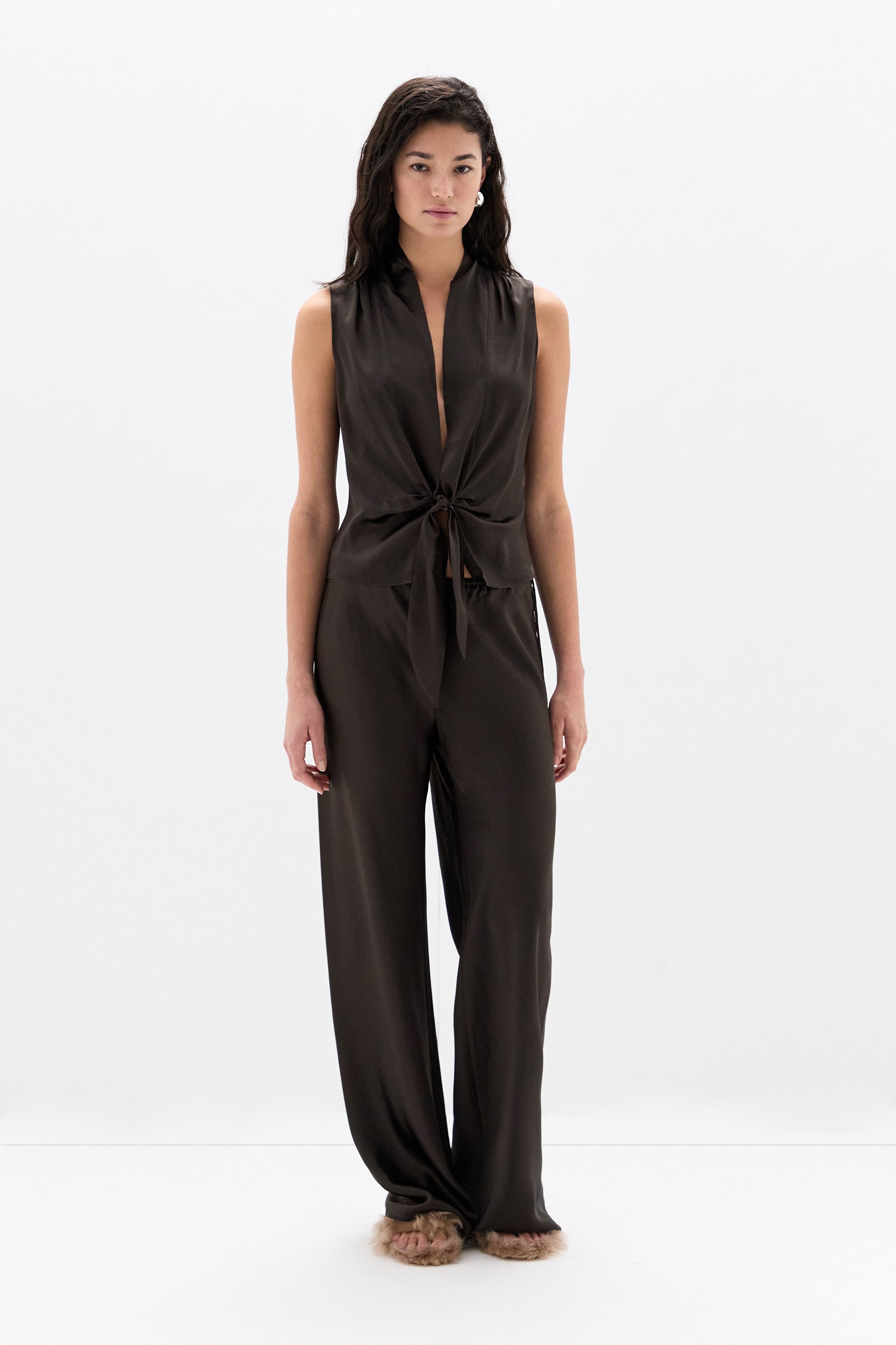 SIR. Lula Fringe Tie Top Bitter Chocolate worn without scarf