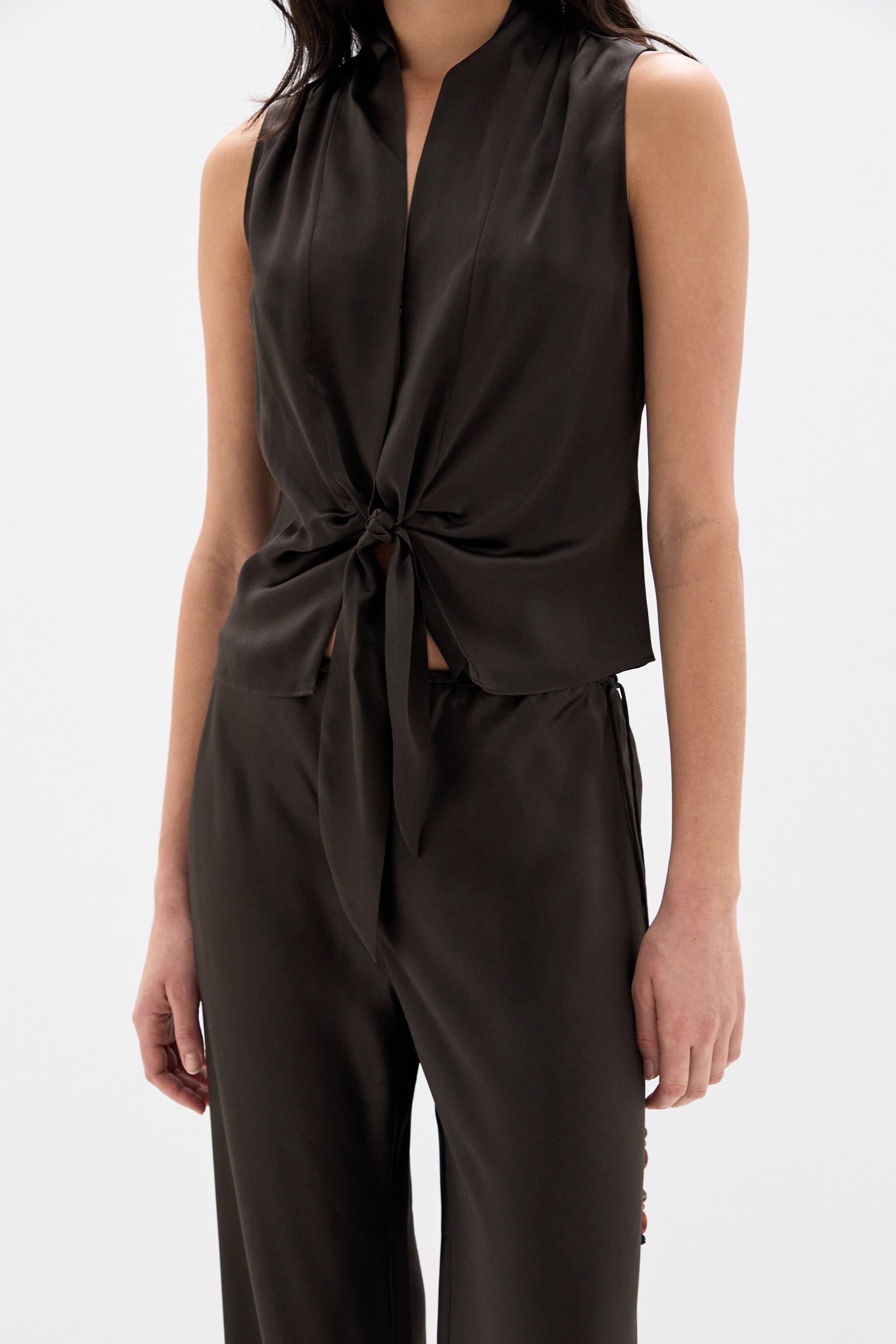SIR. Lula Fringe Tie Top Bitter Chocolate tie detail