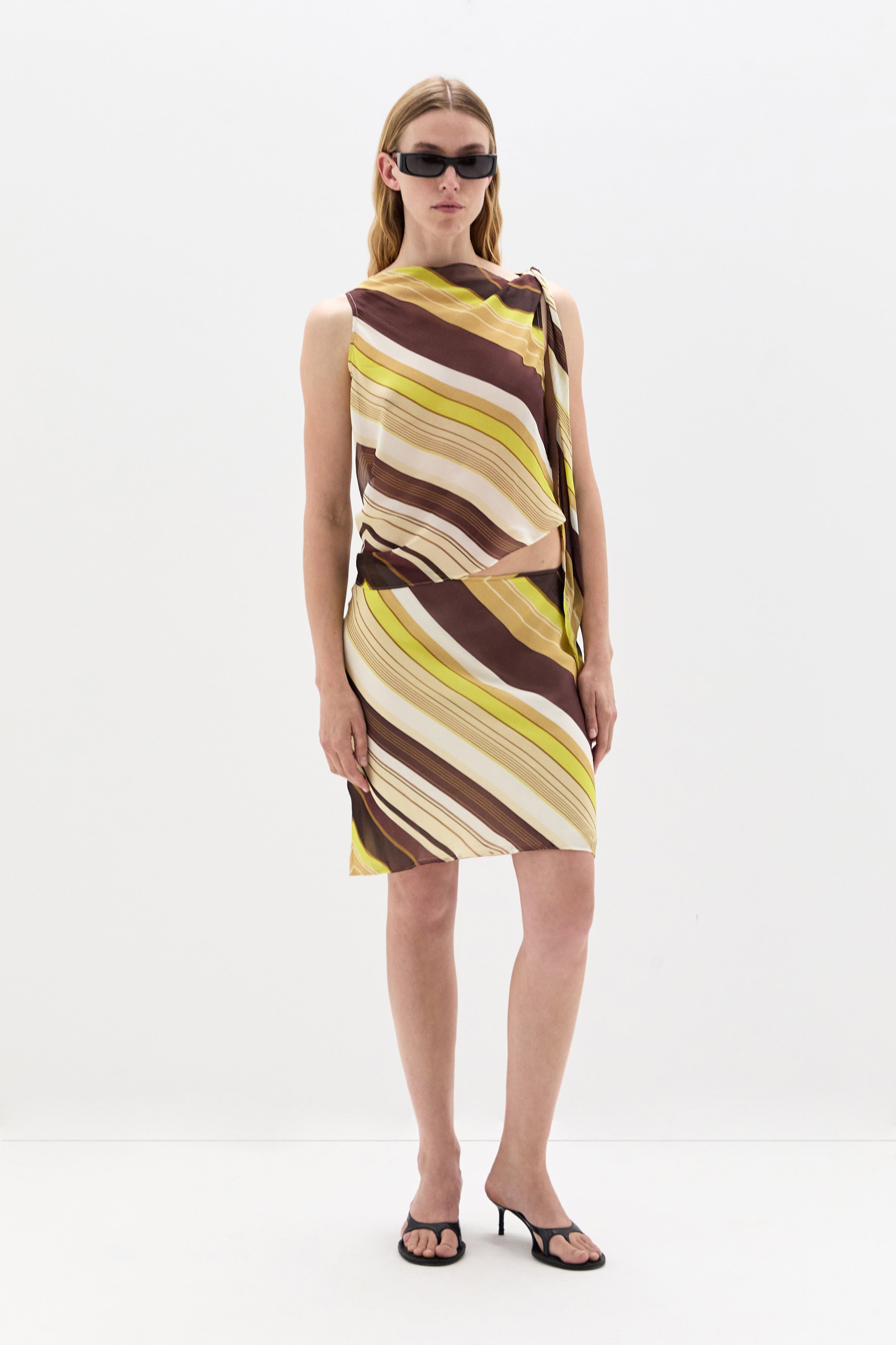 SIR. Vivia Skirt Cafe Lemon Stripe on model with matching top
