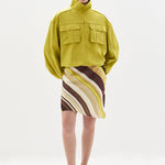 SIR. Vivia Skirt Cafe Lemon Stripe styled with bomber jacket