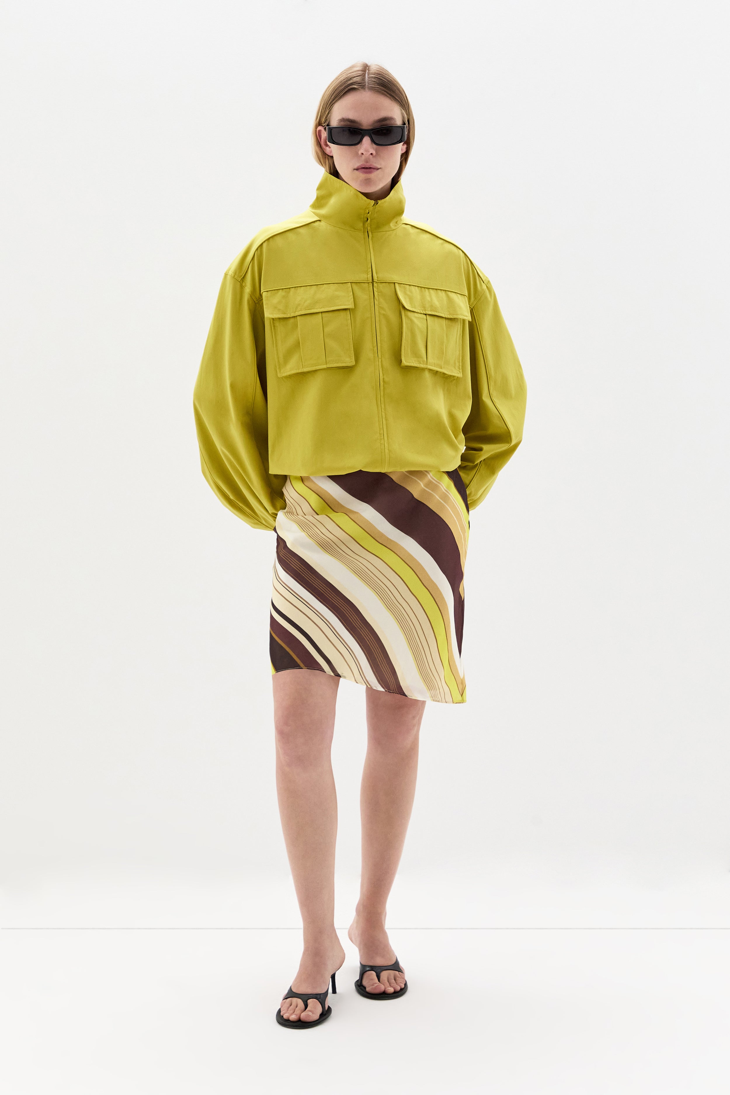 SIR. Vivia Skirt Cafe Lemon Stripe styled with bomber jacket