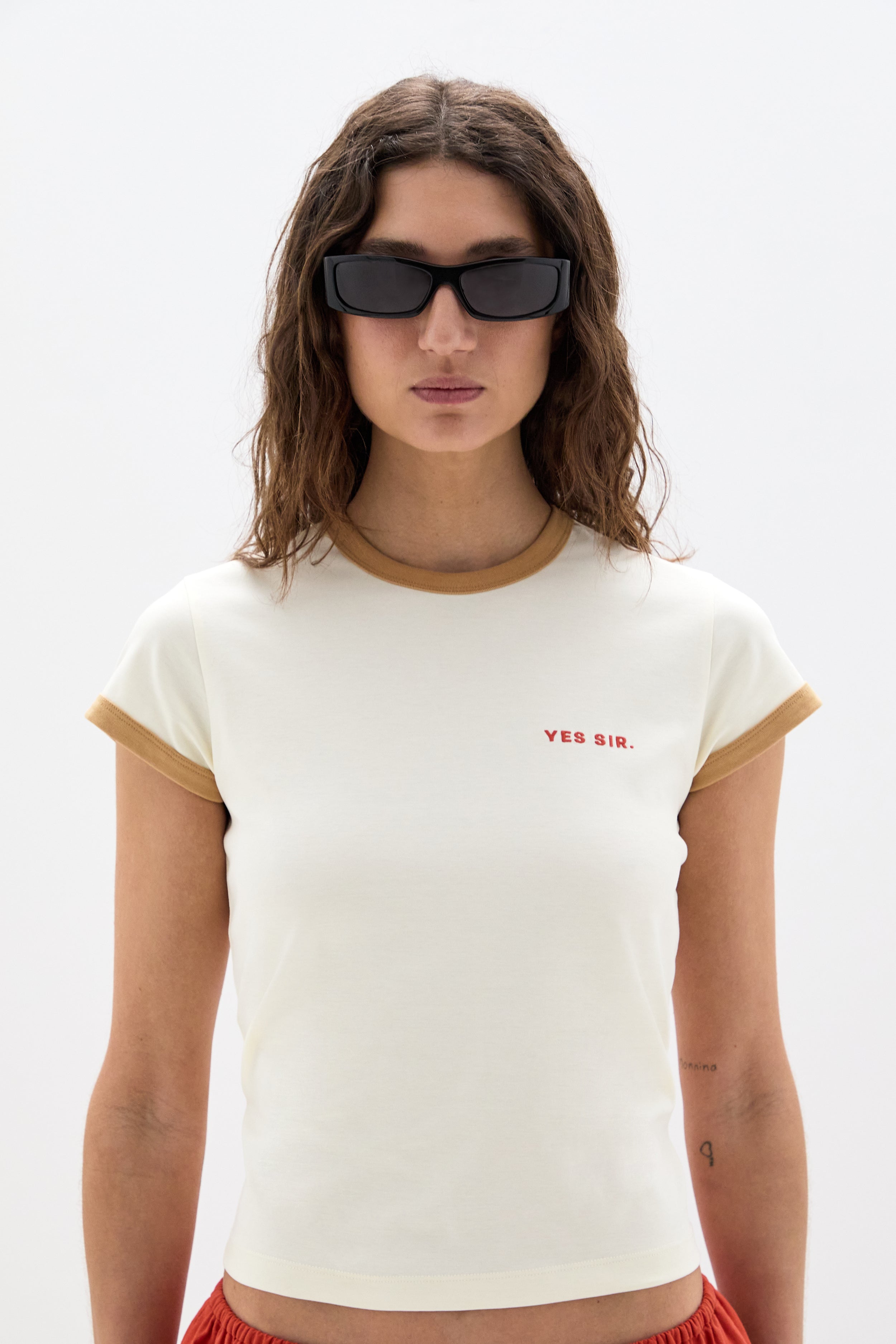 SIR. Yes SIR. Fitted Tee Ivory Yellow close up