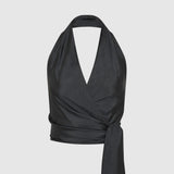 St Agni Silk Halter Wrap Top Washed Black
