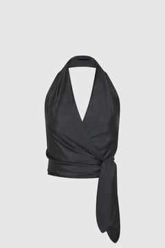 St Agni Silk Halter Wrap Top Washed Black