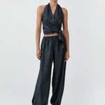 St Agni Silk Halter Wrap Top Washed Black