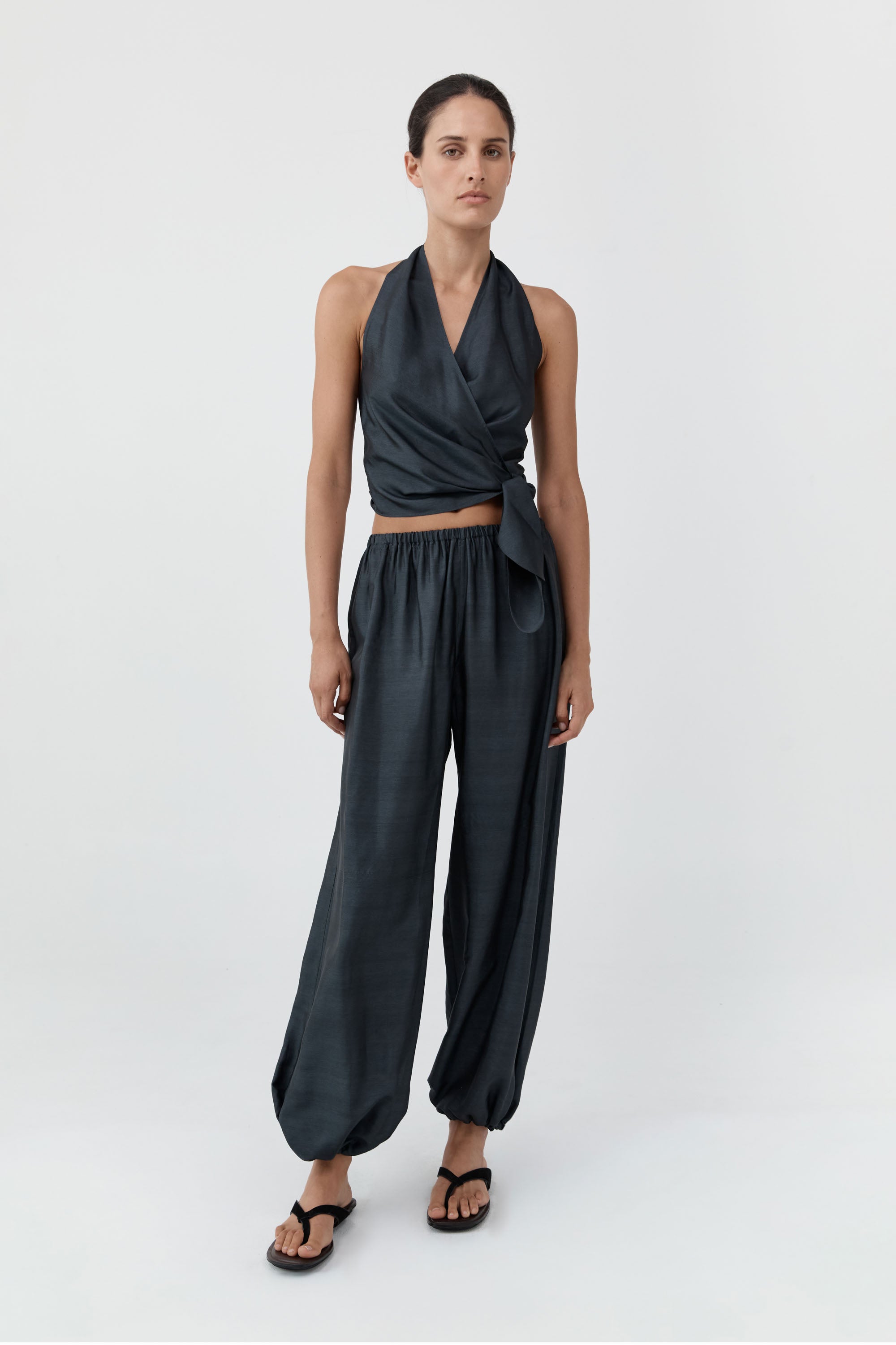 St Agni Silk Halter Wrap Top Washed Black
