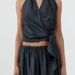 St Agni Silk Halter Wrap Top Washed Black